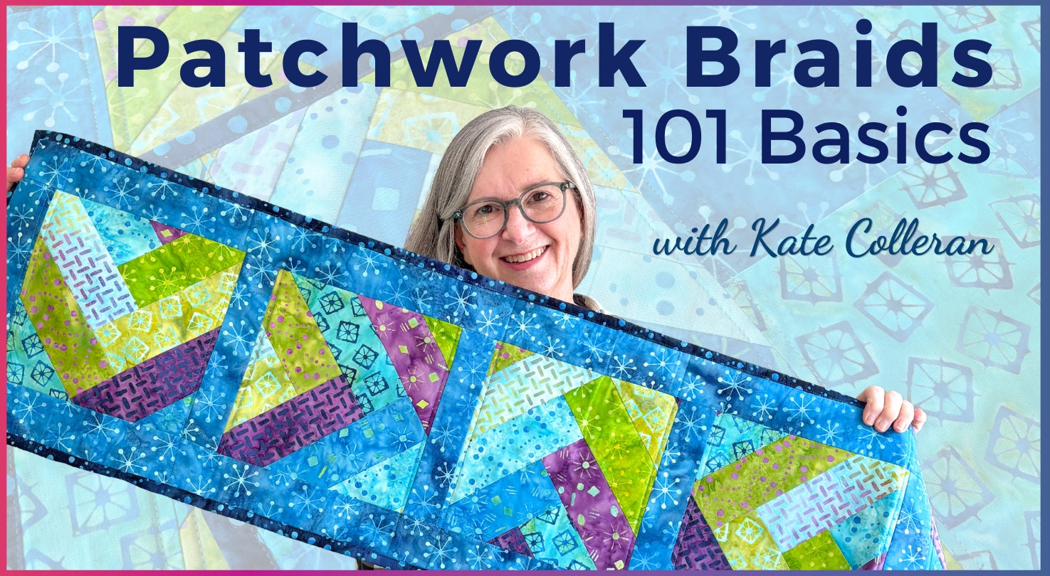 A smiling gray-haired woman with glasses holds a colorful patchwork braid quilt. Text: Patchwork Braids 101 Basics by Creative Spark—discover quilting tips and patterns, all set on a patterned pastel quilt background.