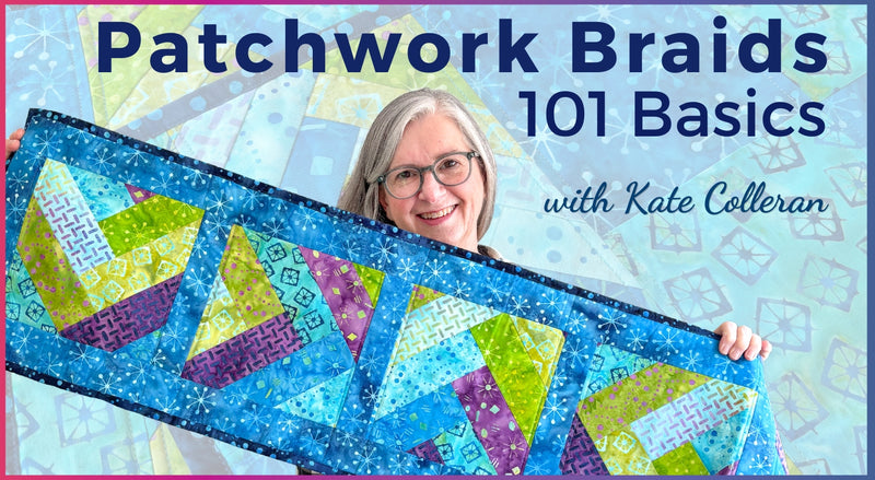 A smiling gray-haired woman with glasses holds a colorful patchwork braid quilt. Text: Patchwork Braids 101 Basics by Creative Spark—discover quilting tips and patterns, all set on a patterned pastel quilt background.