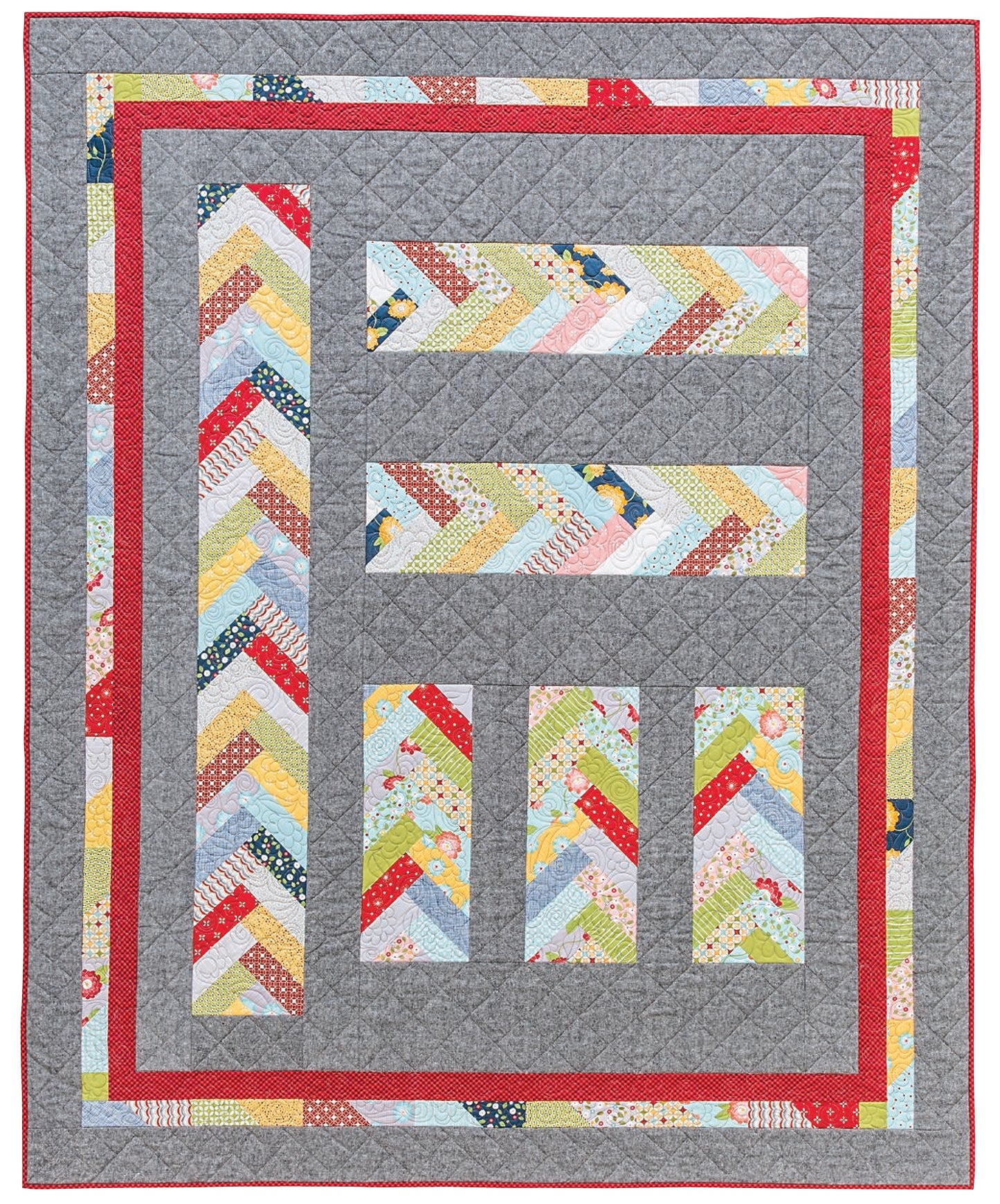 The Creative Spark Patchwork Braids 101 Basics quilt features chevron-patterned strips, braided patchwork in assorted prints, solid gray and red borders, diamond quilting, and geometric sections—ideal for fans of fresh quilt patterns.