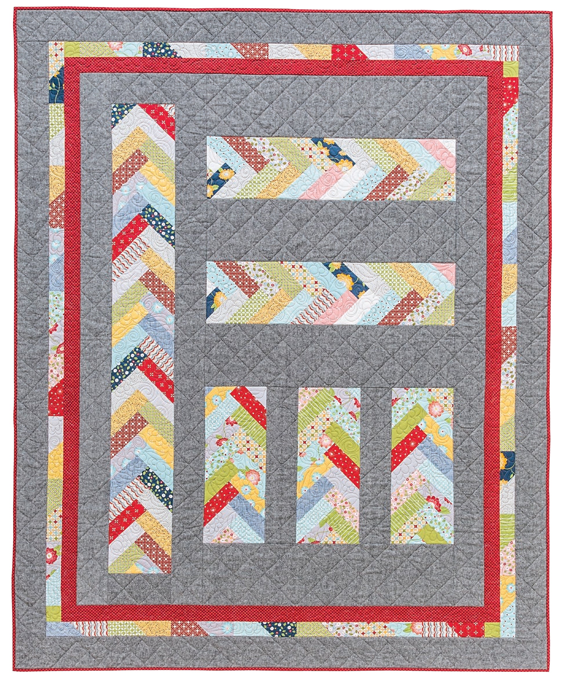 The Creative Spark Patchwork Braids 101 Basics quilt features chevron-patterned strips, braided patchwork in assorted prints, solid gray and red borders, diamond quilting, and geometric sections—ideal for fans of fresh quilt patterns.