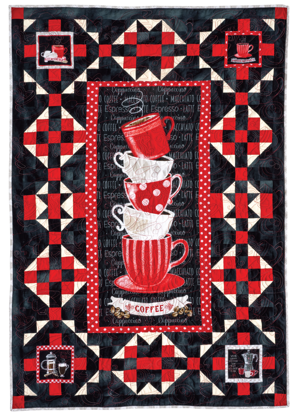Create a legendary layout with the Quilt Panel Adventure by Creative Spark, featuring stacked red and white coffee cups at the center, geometric patchwork in red, black, and cream, plus coffee-themed border motifs.