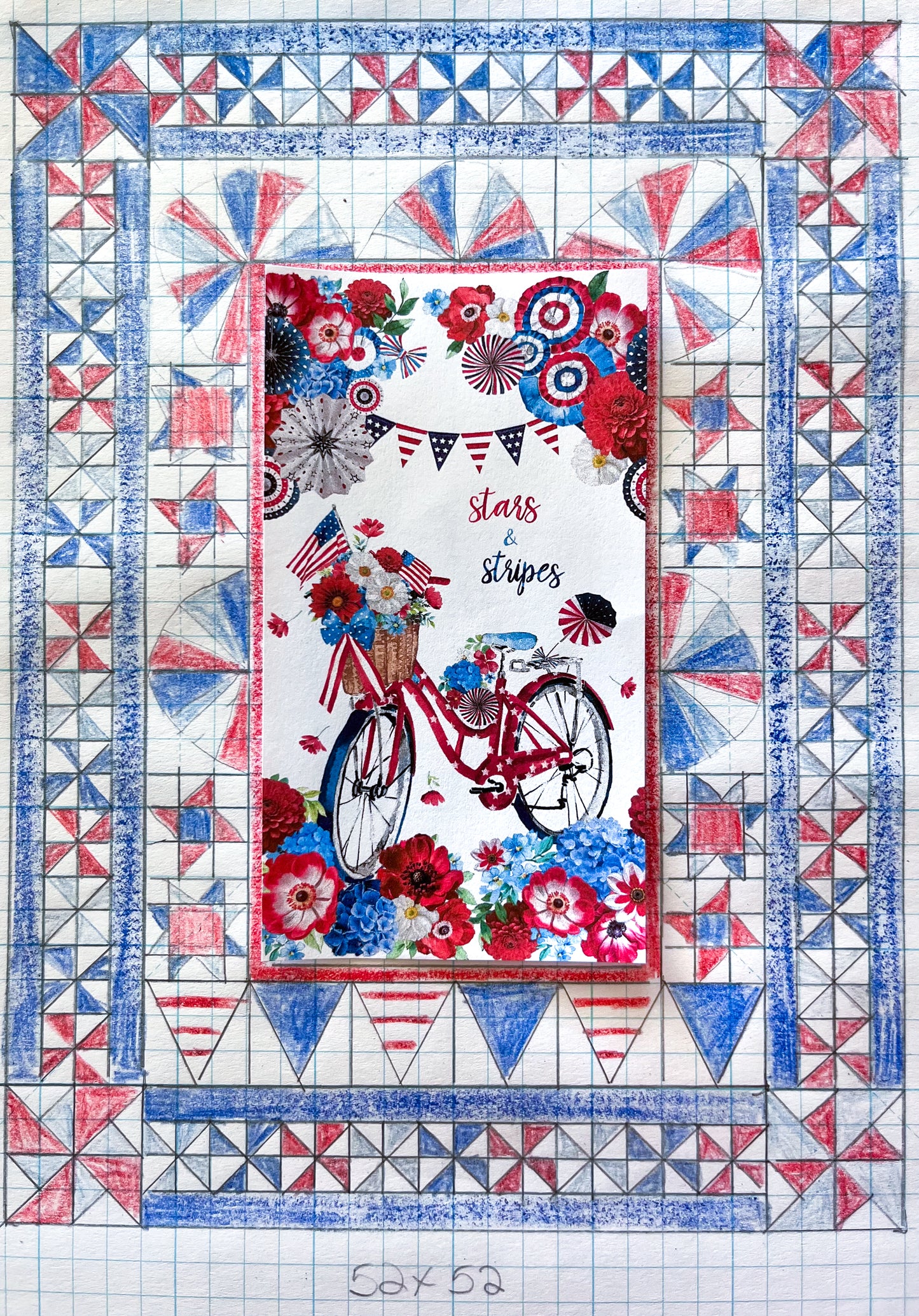 The Creative Spark Quilt Panel Adventure: Design a Legendary Layout features a hand-drawn central red bicycle, flowers, patriotic decorations, red/blue/white geometric borders, and "Stars & stripes" in the center.