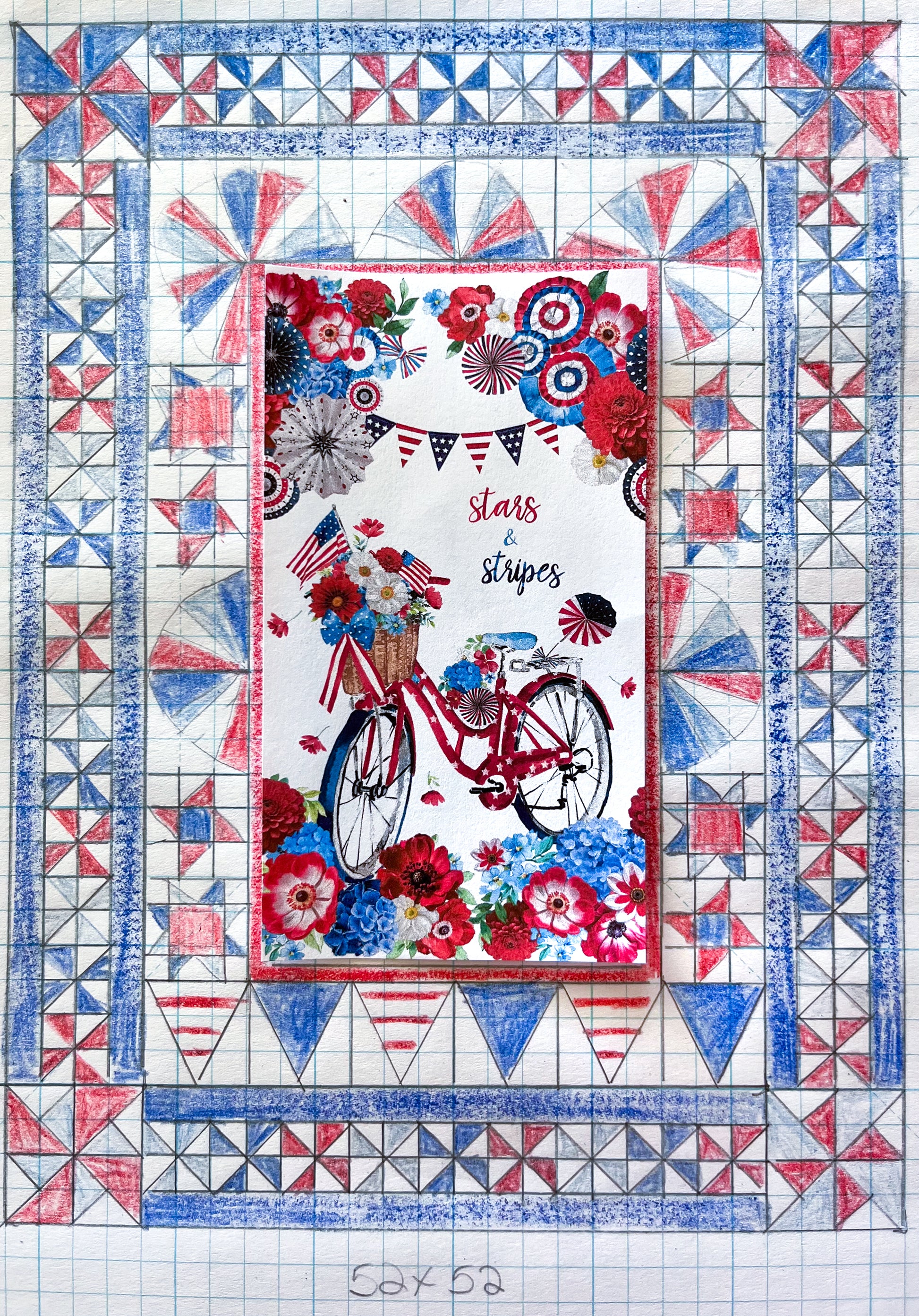 The Creative Spark Quilt Panel Adventure: Design a Legendary Layout features a hand-drawn central red bicycle, flowers, patriotic decorations, red/blue/white geometric borders, and "Stars & stripes" in the center.