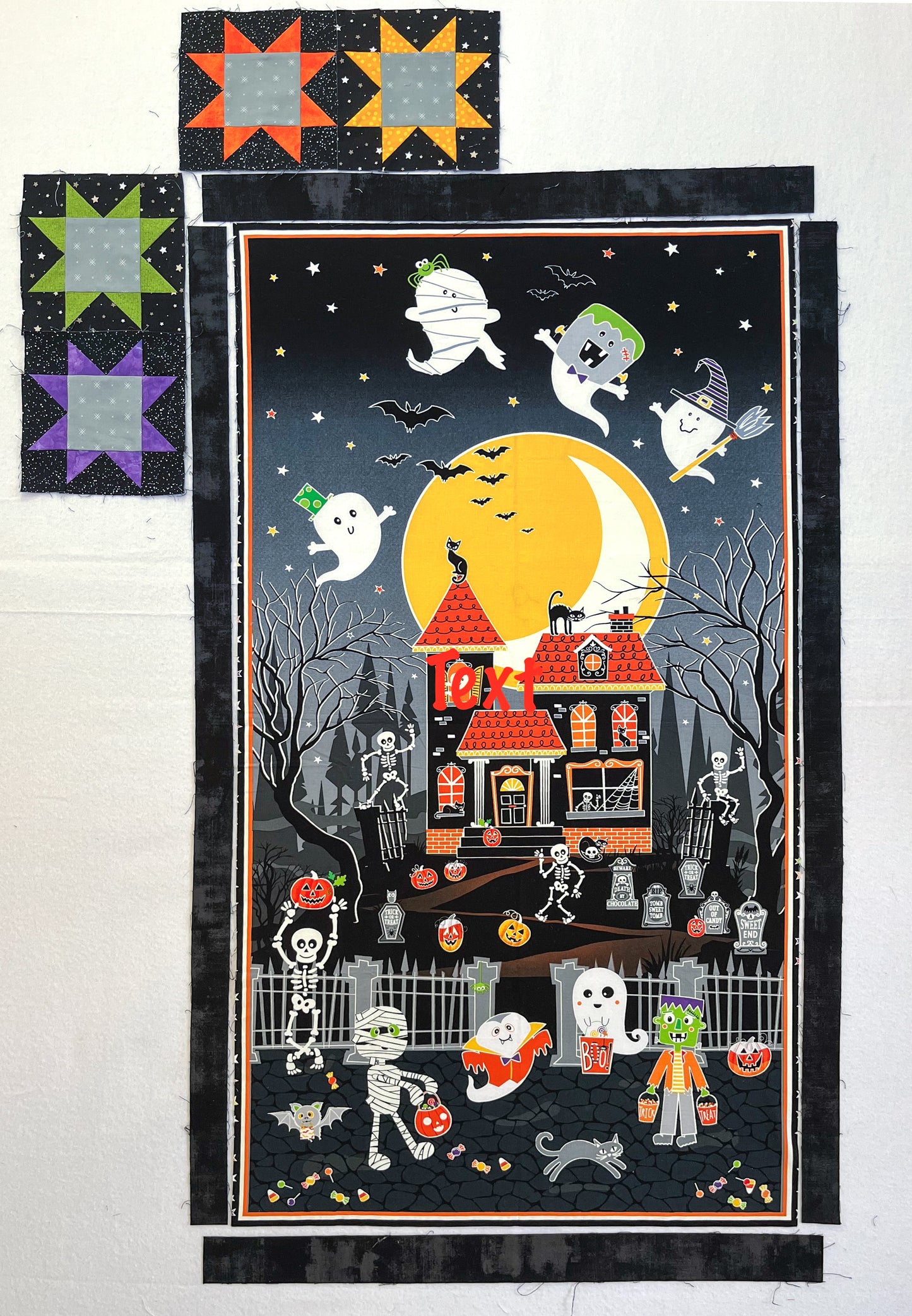 The Creative Spark "Quilt Panel Adventure: Design a Legendary Layout" features ghosts, skeletons, pumpkins, and a haunted house at night, accented by three patchwork star quilt blocks with original borders above and to the left.