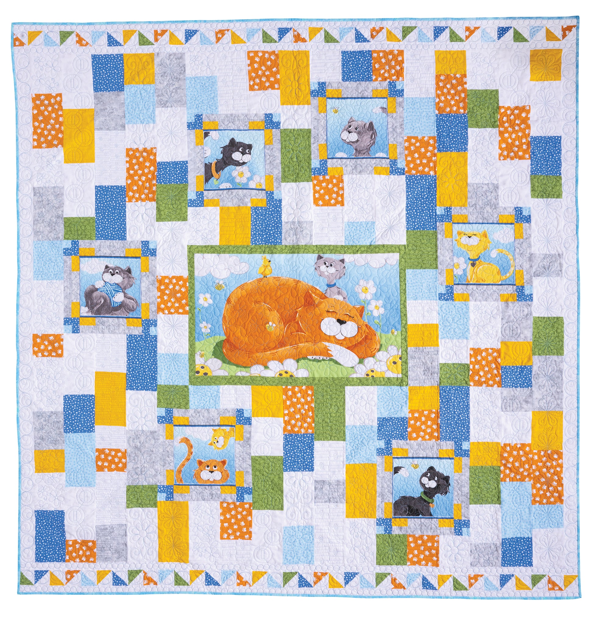 Create a legendary layout with Creative Spark's Quilt Panel Adventure, featuring a large orange cat on grass, playful kittens in squares, and bold blue, yellow, orange, and white geometric borders.