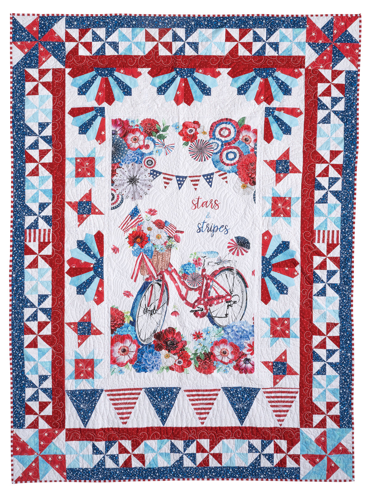 Create a patriotic quilt with Creative Spark's Quilt Panel Adventure: Design a Legendary Layout—features red, white, and blue patterns, a central red bicycle with flowers, plus bunting, pinwheels, and "stars & stripes" borders.