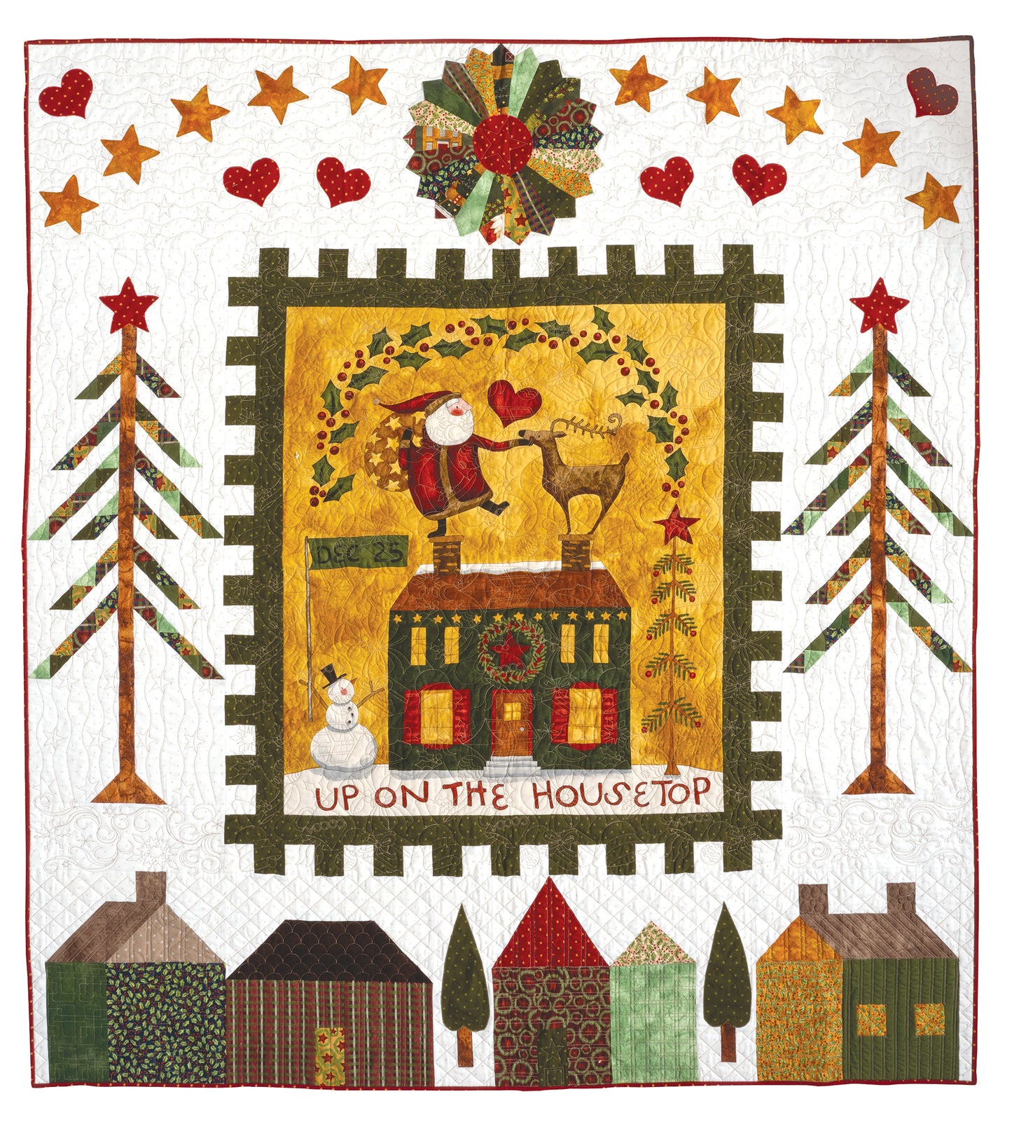 The Creative Spark Quilt Panel Adventure: Design a Legendary Layout features Santa on a rooftop with a reindeer, snowman, Christmas trees, festive houses, heart and star borders, and “UP ON THE HOUSETOP” at the bottom.