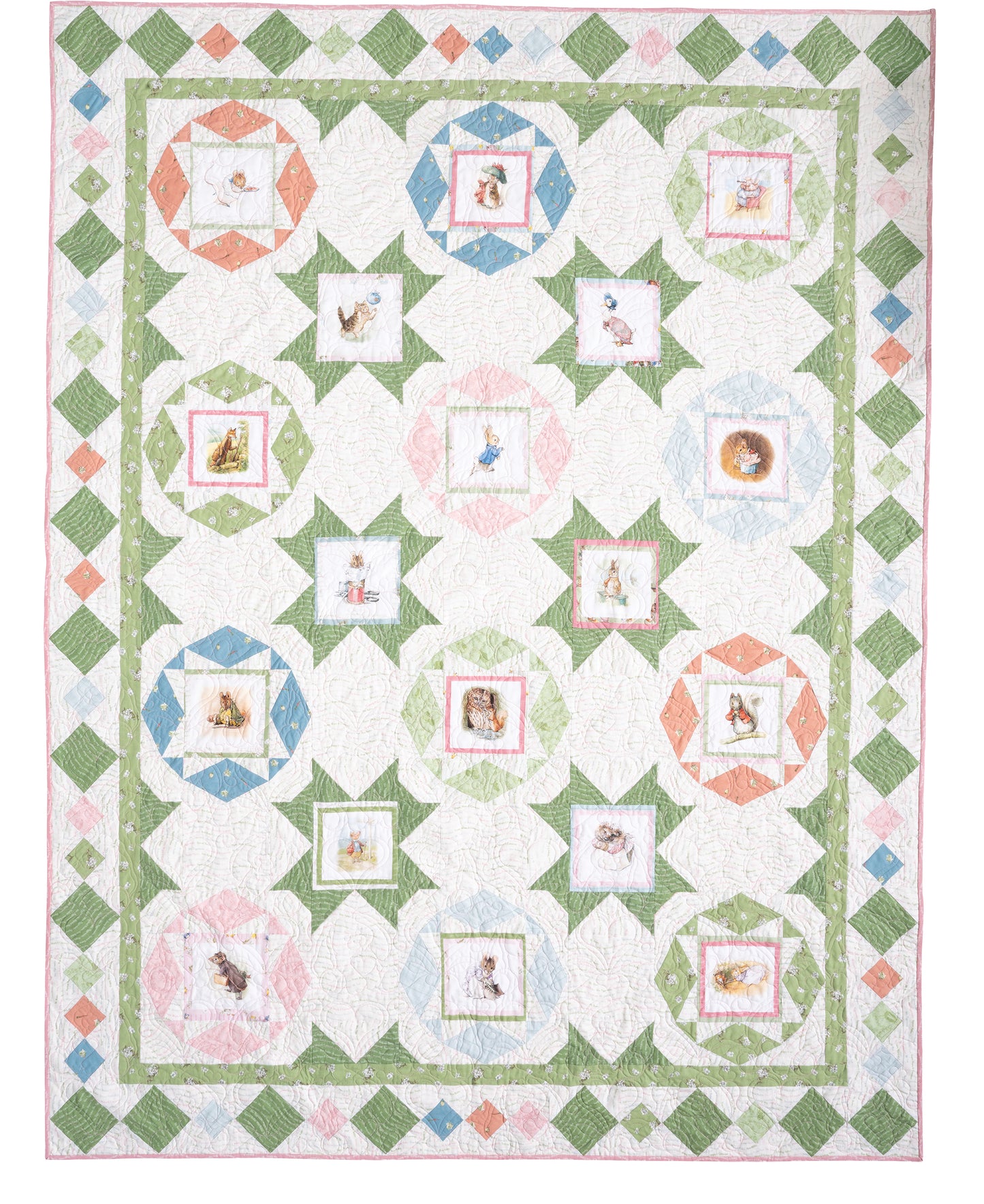 The Quilt Panel Adventure by Creative Spark features a handmade custom quilt with geometric pastel panels and embroidered animals like birds, bunnies, or hedgehogs. Unique borders complete this charming design for a legendary layout.
