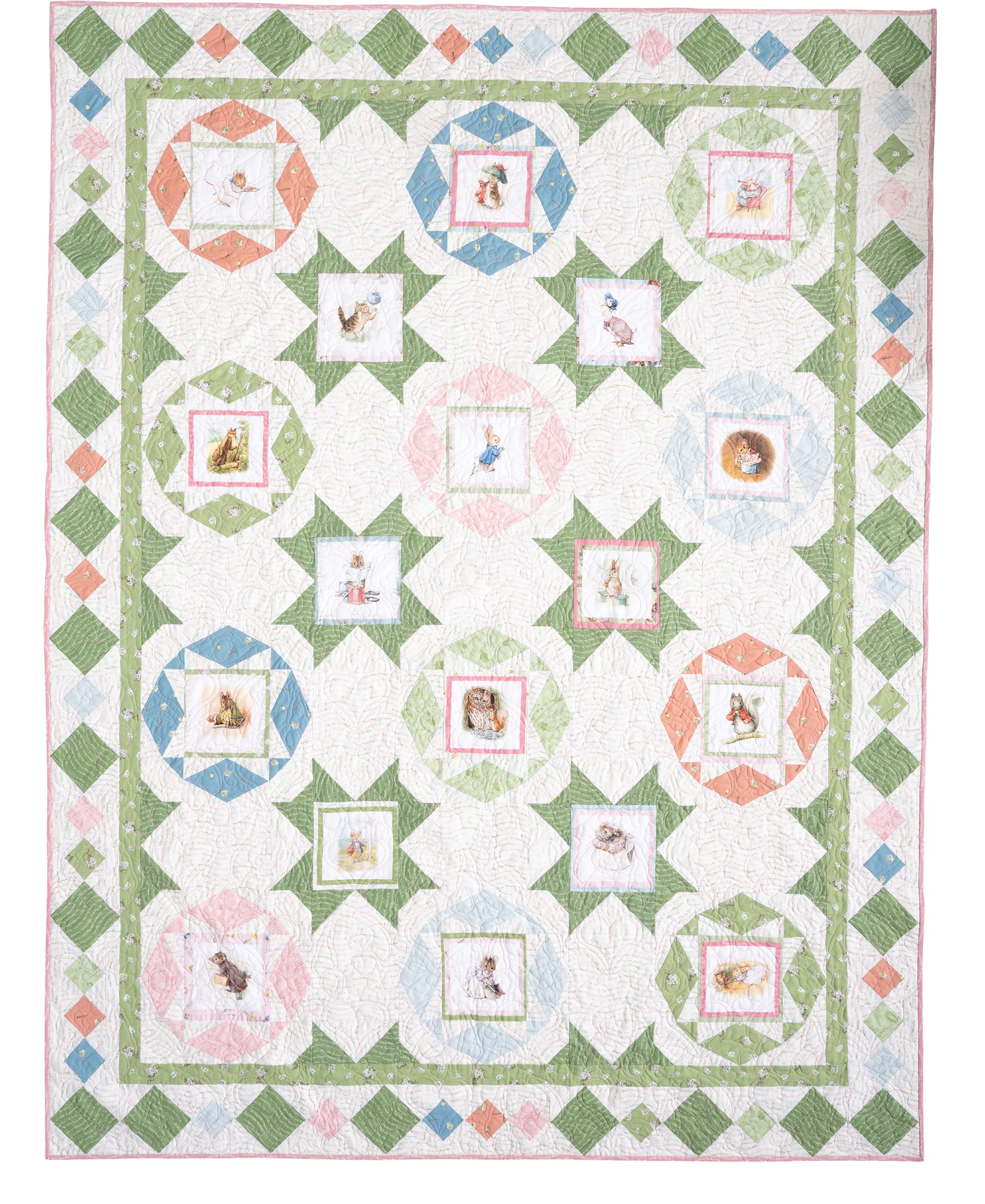 The Quilt Panel Adventure by Creative Spark features a handmade custom quilt with geometric pastel panels and embroidered animals like birds, bunnies, or hedgehogs. Unique borders complete this charming design for a legendary layout.