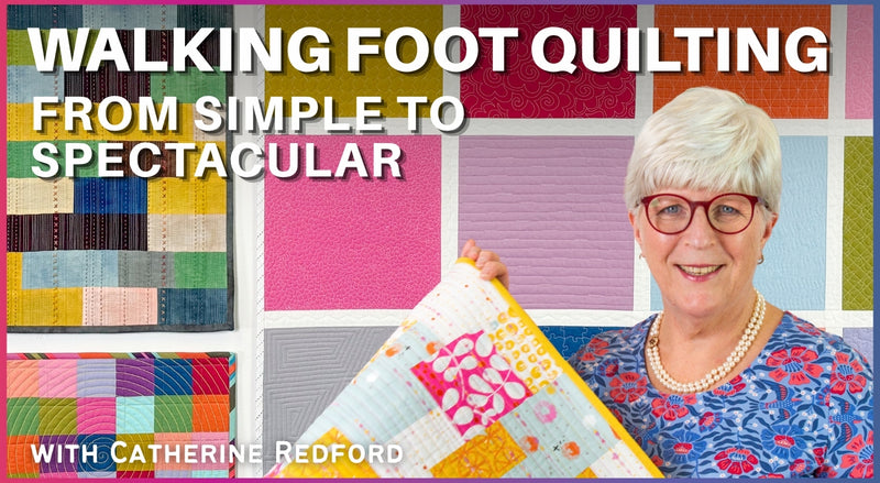 A smiling woman with short white hair and red glasses holds a colorful quilt, standing before a wall of creative designs. Text: “Walking Foot Quilting: From Simple to Spectacular by Creative Spark—ideal for your domestic machine.”.