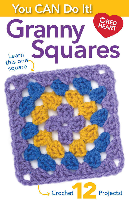 Cover of "You Can Do It Granny Squares" by Leisure Arts features a vibrant purple, blue, and yellow crocheted square. Ideal for beginners, it teaches one square and includes 12 fun projects. Leisure Arts logo appears in the top right corner.