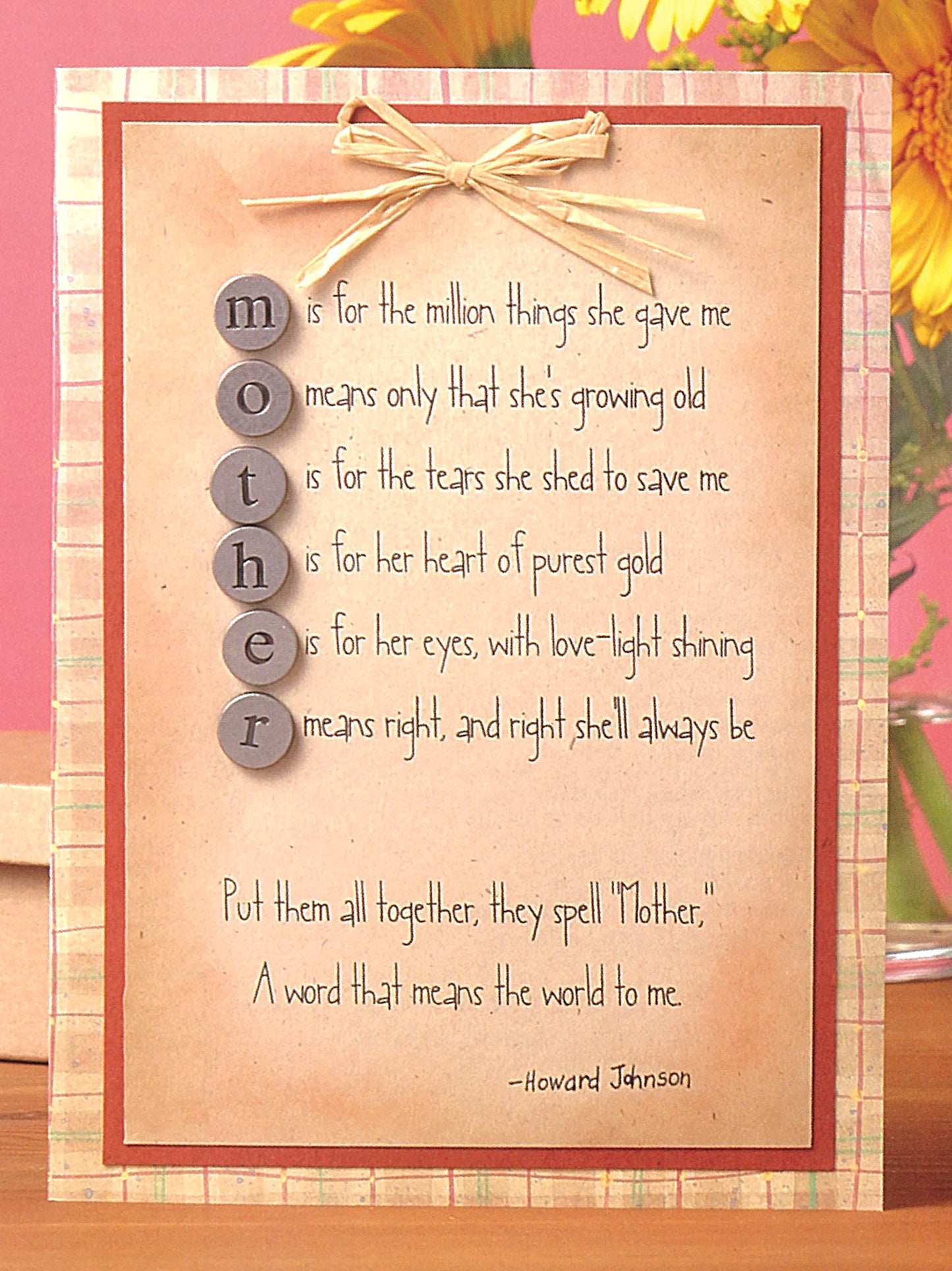 A Leisure Arts card from The Ultimate Paper Crafts Collection features a vertical "Mother" acrostic poem, a bow accent, soft plaid border, and Howard Johnson’s name at the bottom.