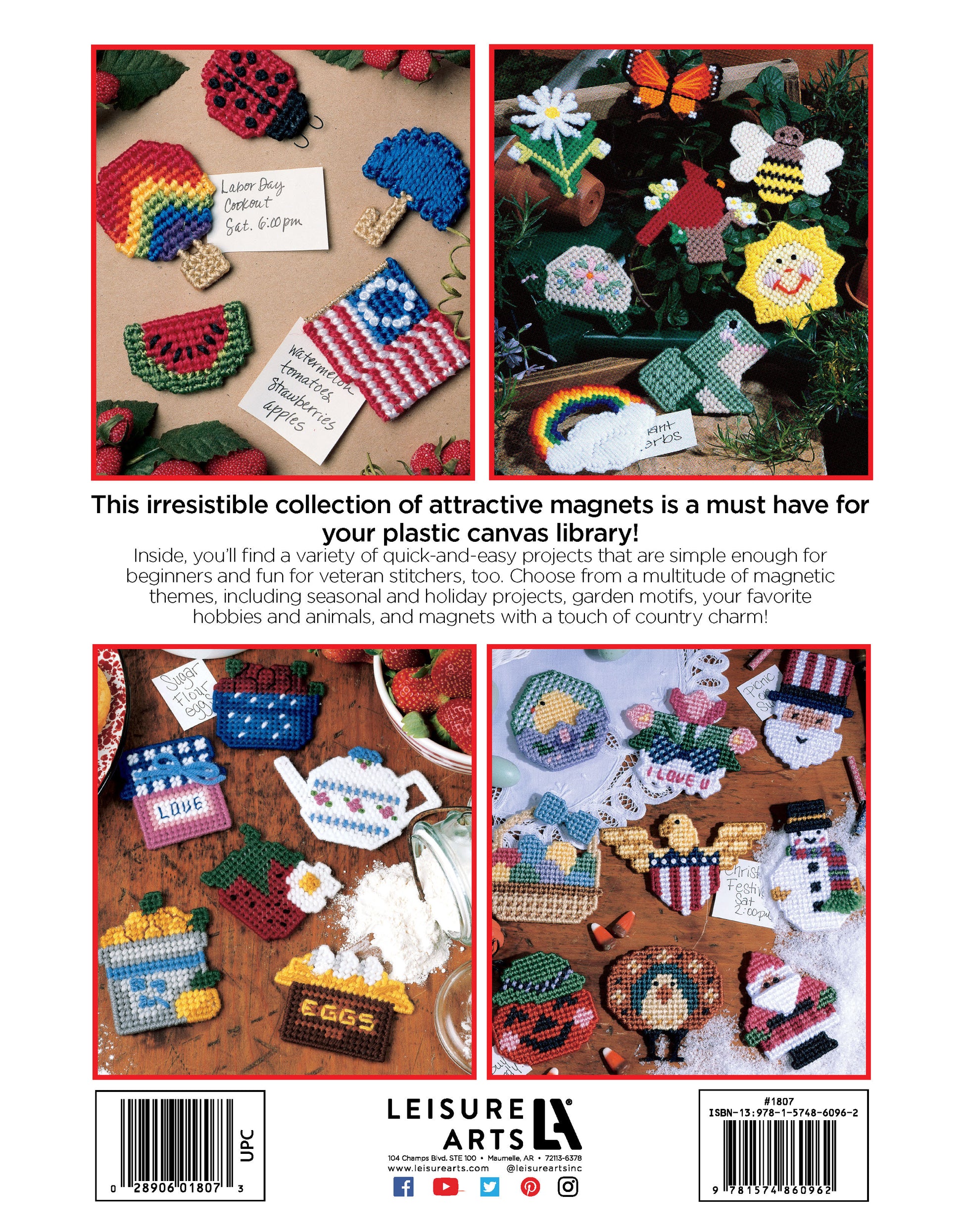 A collage of magnetic designs from Leisure Arts' "300+ Magnets in Plastic Canvas," including rainbows, teacups, notebooks, cupcakes, butterflies, fruit, ice cream, and festive holiday motifs displayed on a book cover.