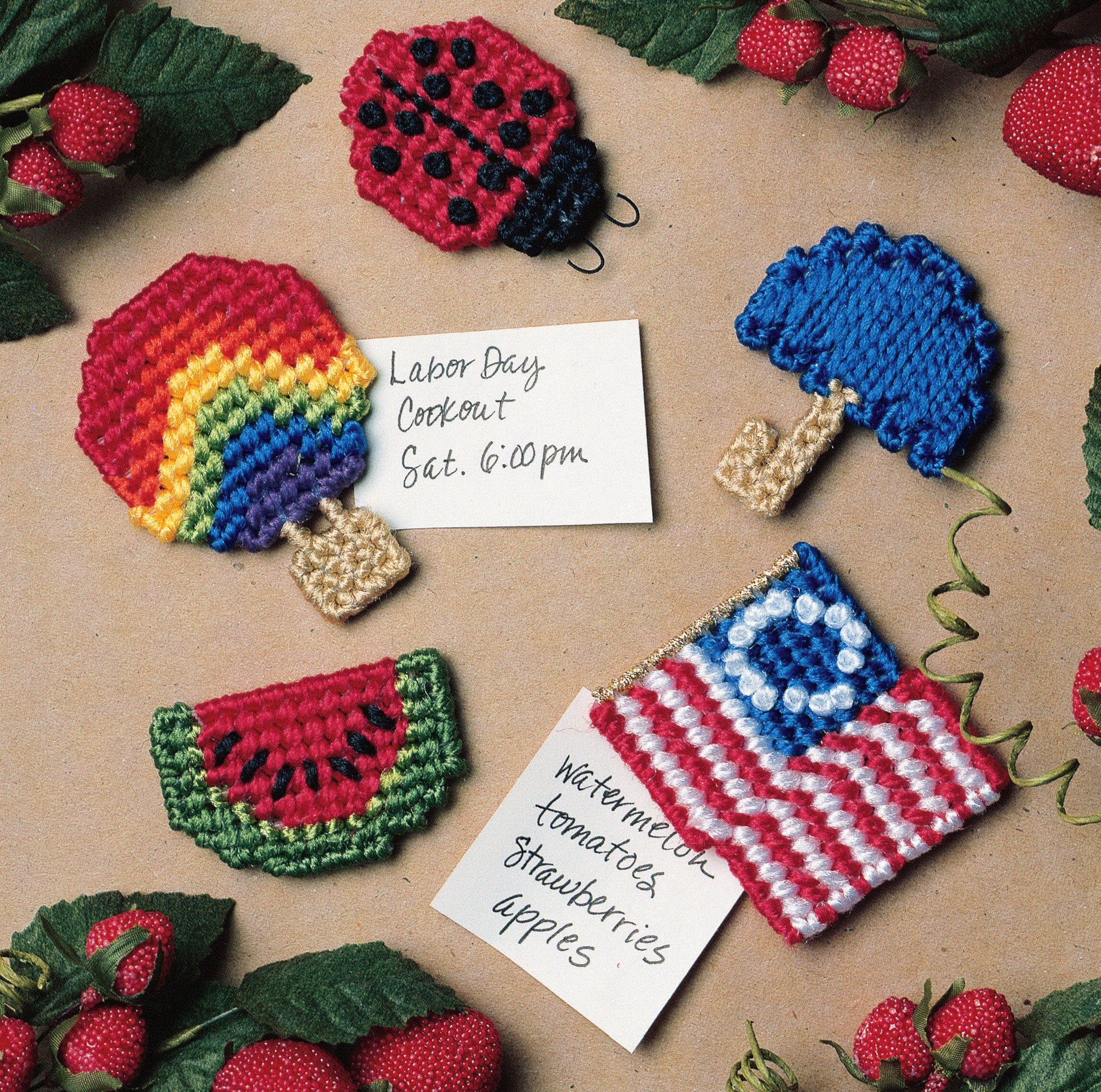 Leisure Arts' "300+ Magnets in Plastic Canvas" features colorful needlepoint crafts shaped like rainbows, watermelon slices, ladybugs, seashells, and flags—perfect for holiday décor or picnic-themed magnets.