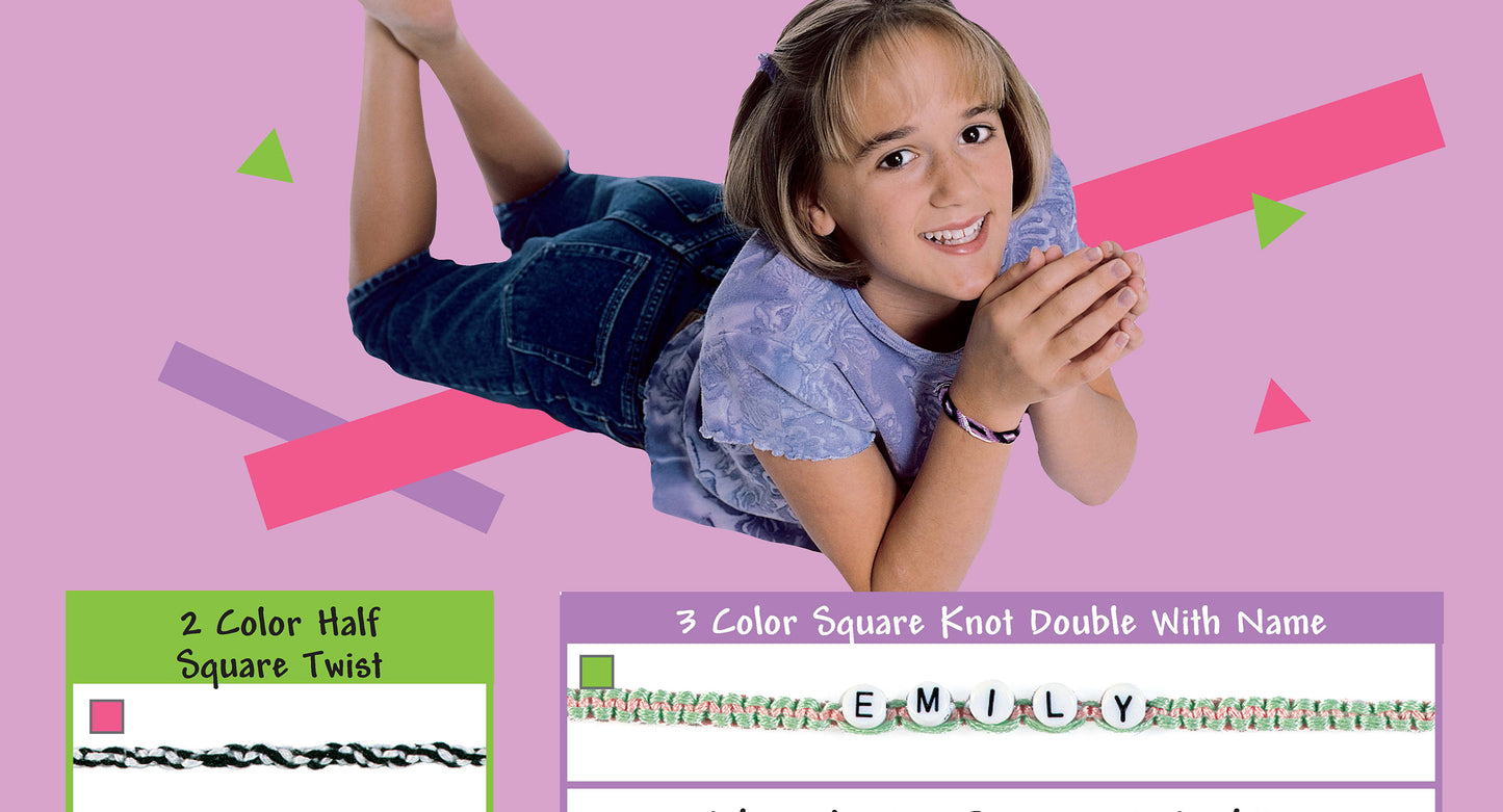 A smiling girl lies on her stomach against a pink background, surrounded by colorful shapes. Below are step-by-step instructions for making Cool Stuff Friendship Bracelets by Leisure Arts—perfect for kids and teens, with a sample bracelet spelling out EMILY.