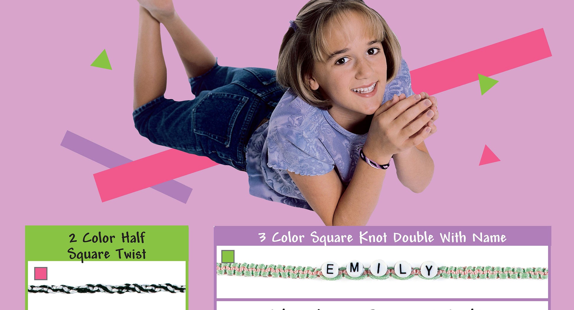 A smiling girl lies on her stomach against a pink background, surrounded by colorful shapes. Below are step-by-step instructions for making Cool Stuff Friendship Bracelets by Leisure Arts—perfect for kids and teens, with a sample bracelet spelling out EMILY.