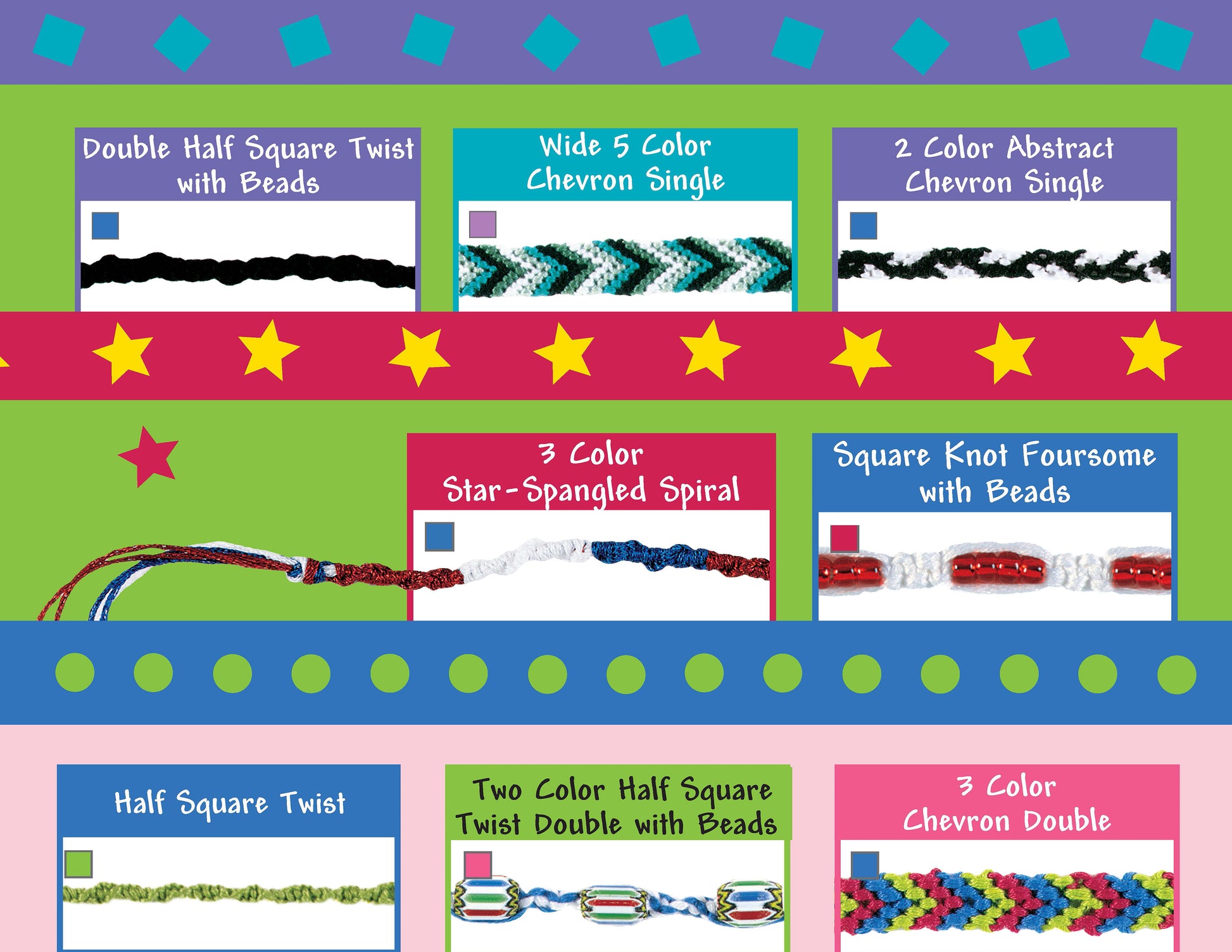 A vibrant chart showcases Cool Stuff Friendship Bracelets by Leisure Arts, featuring easy designs for kids and teens, each with a sample image and label, set against a starry geometric background.