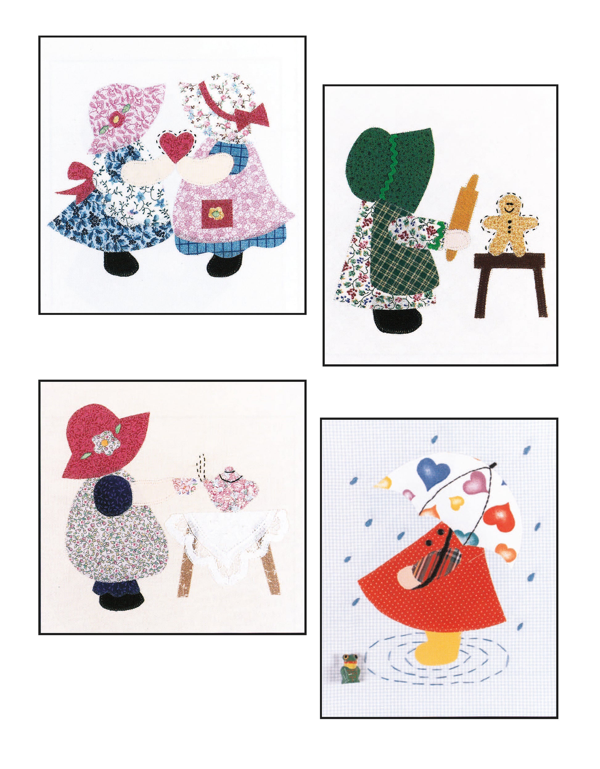The Ultimate Sunbonnet Sue Collection by Leisure Arts includes quilt blocks with Sunbonnet Sue: holding a heart, decorating a gingerbread man, hanging clothes on a line, and wearing a raincoat under an umbrella with colorful raindrops.
