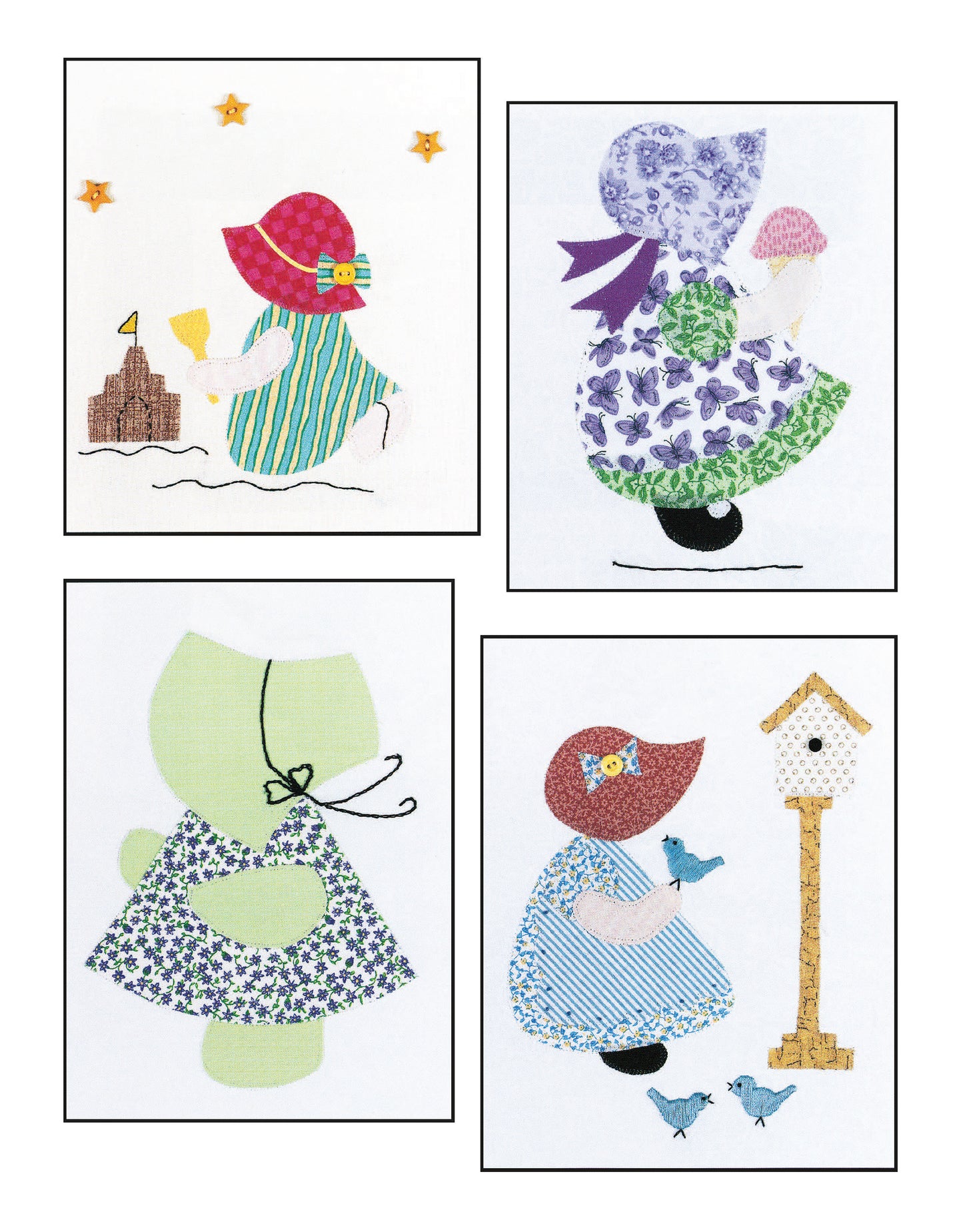 The Ultimate Sunbonnet Sue Collection by Leisure Arts features four quilt blocks with Sunbonnet Sue: building a sandcastle, holding a doll, wearing a bow with a bird, and standing by a birdhouse in colorful fabrics for charming quilts.