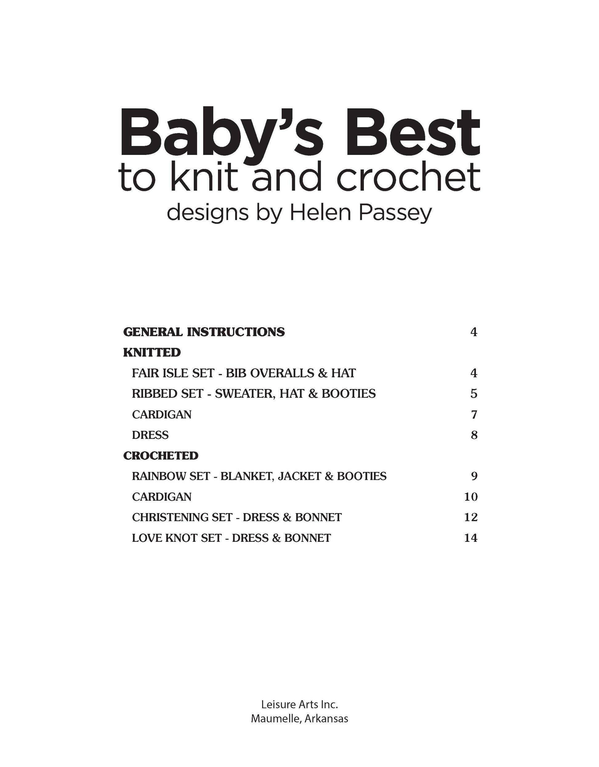 Cover page for Babys Best to Knit and Crochet, featuring table of contents for baby crochet and knitting patterns with page numbers. Published by Leisure Arts.