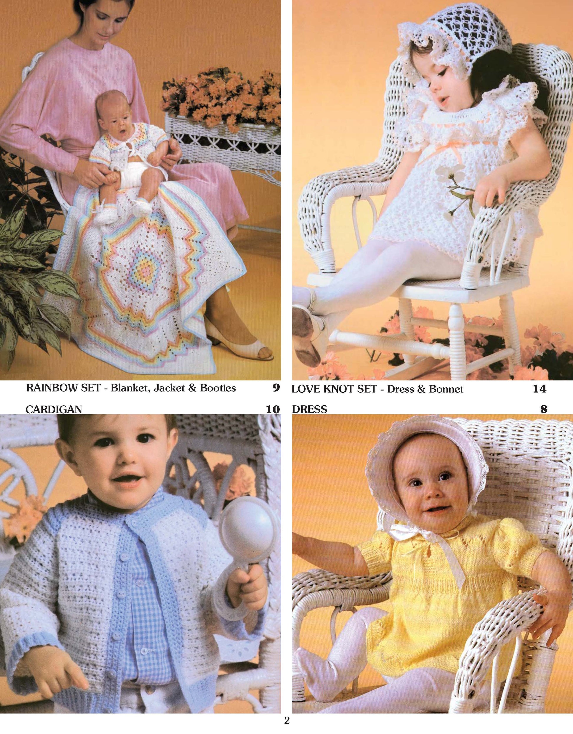 Four vintage-style images from Leisure Arts’ "Babys Best to Knit and Crochet" show beginner-friendly baby outfits: a pastel rainbow blanket set, white dress and bonnet, blue cardigan, and yellow dress and bonnet, all displayed on wicker chairs.