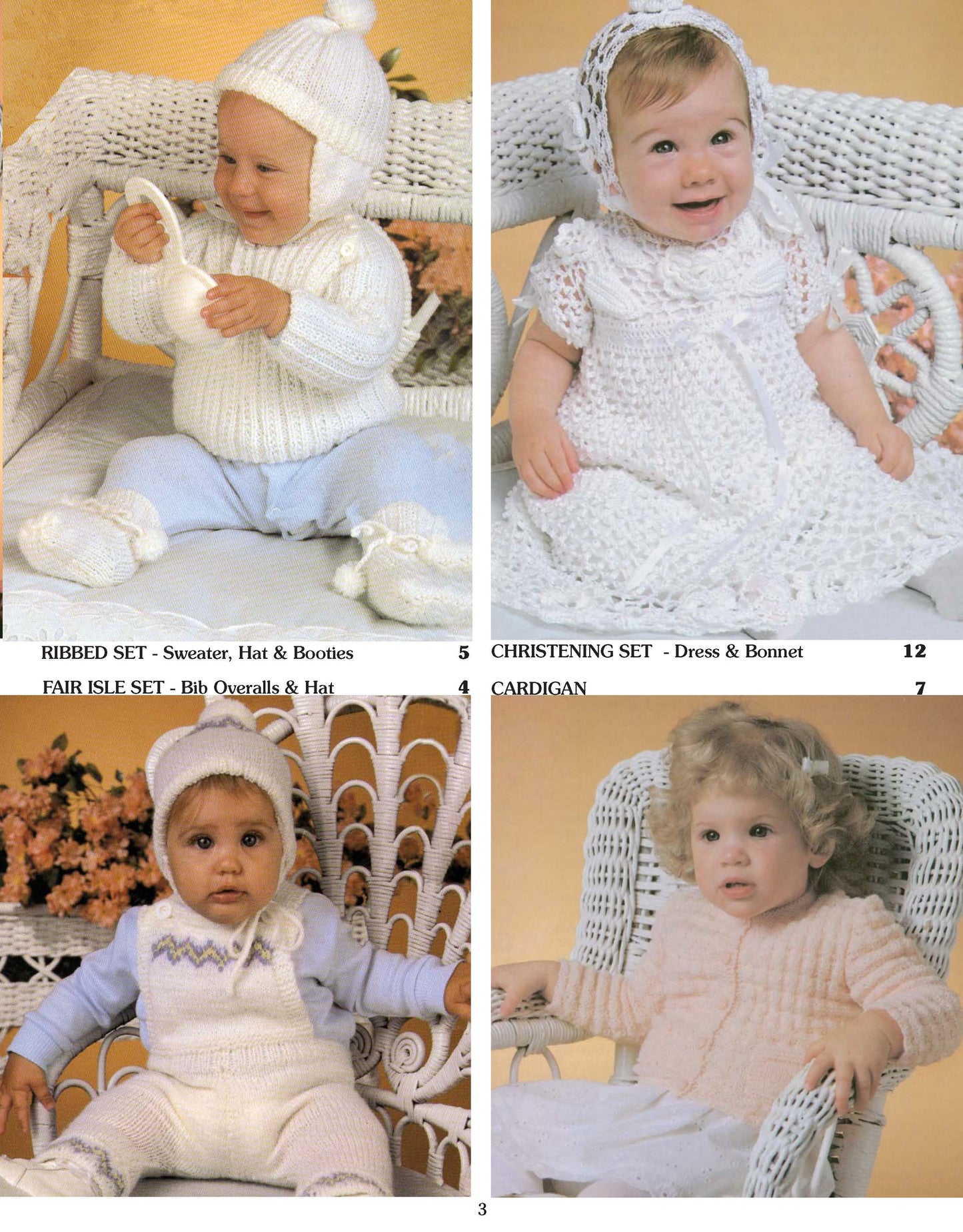 Four babies in charming hand-knit outfits from Leisure Arts' "Babys Best to Knit and Crochet" sit on wicker chairs, each modeling a unique pattern: sweater set, dress with bonnet, bib overalls, and pink cardigan.