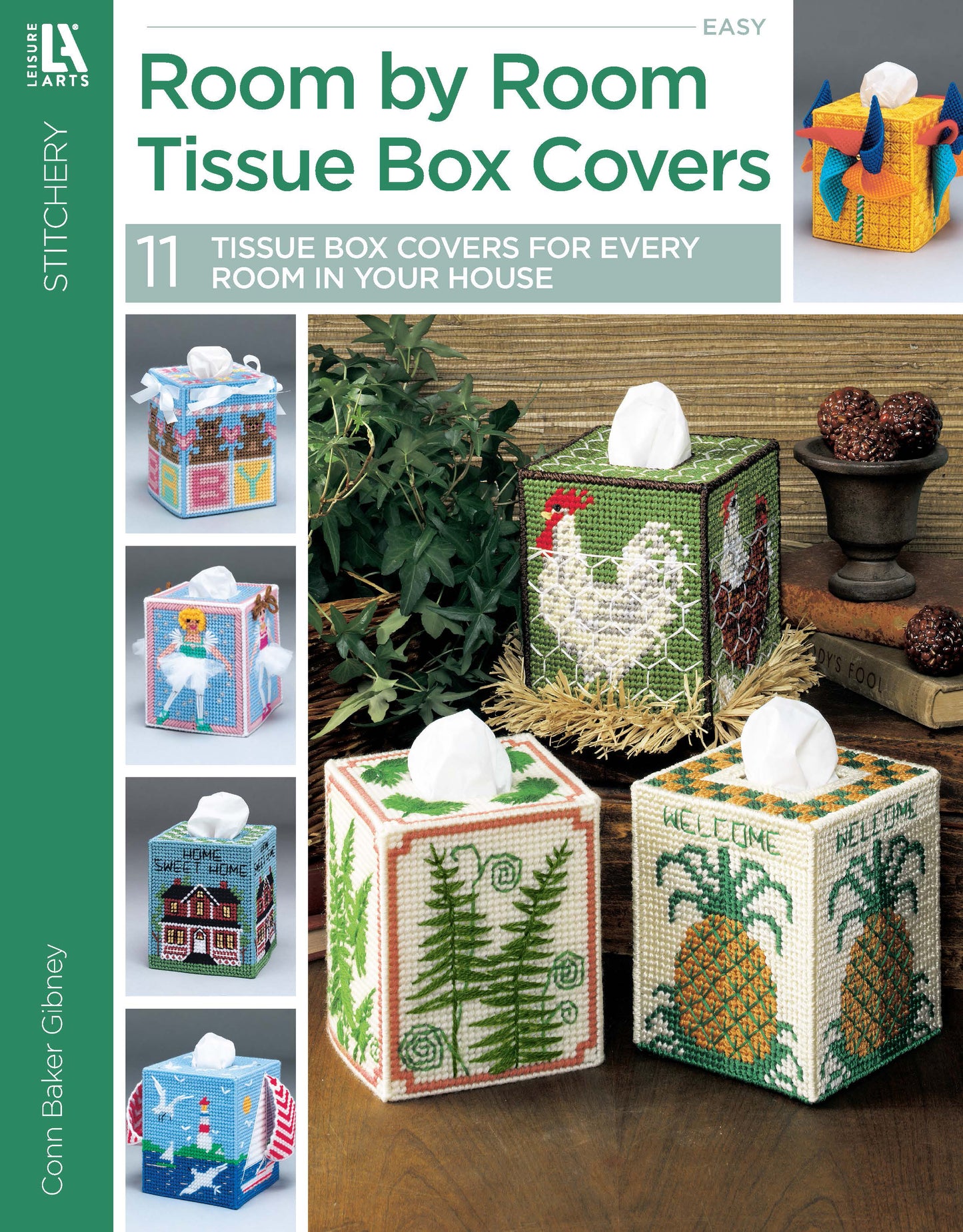 Front cover of Leisure Arts’ Room by Room Plastic Canvas Tissue Box Covers Digital Download, featuring five vibrant tissue box designs—ideal for beginners who love decorative plastic canvas crafts.