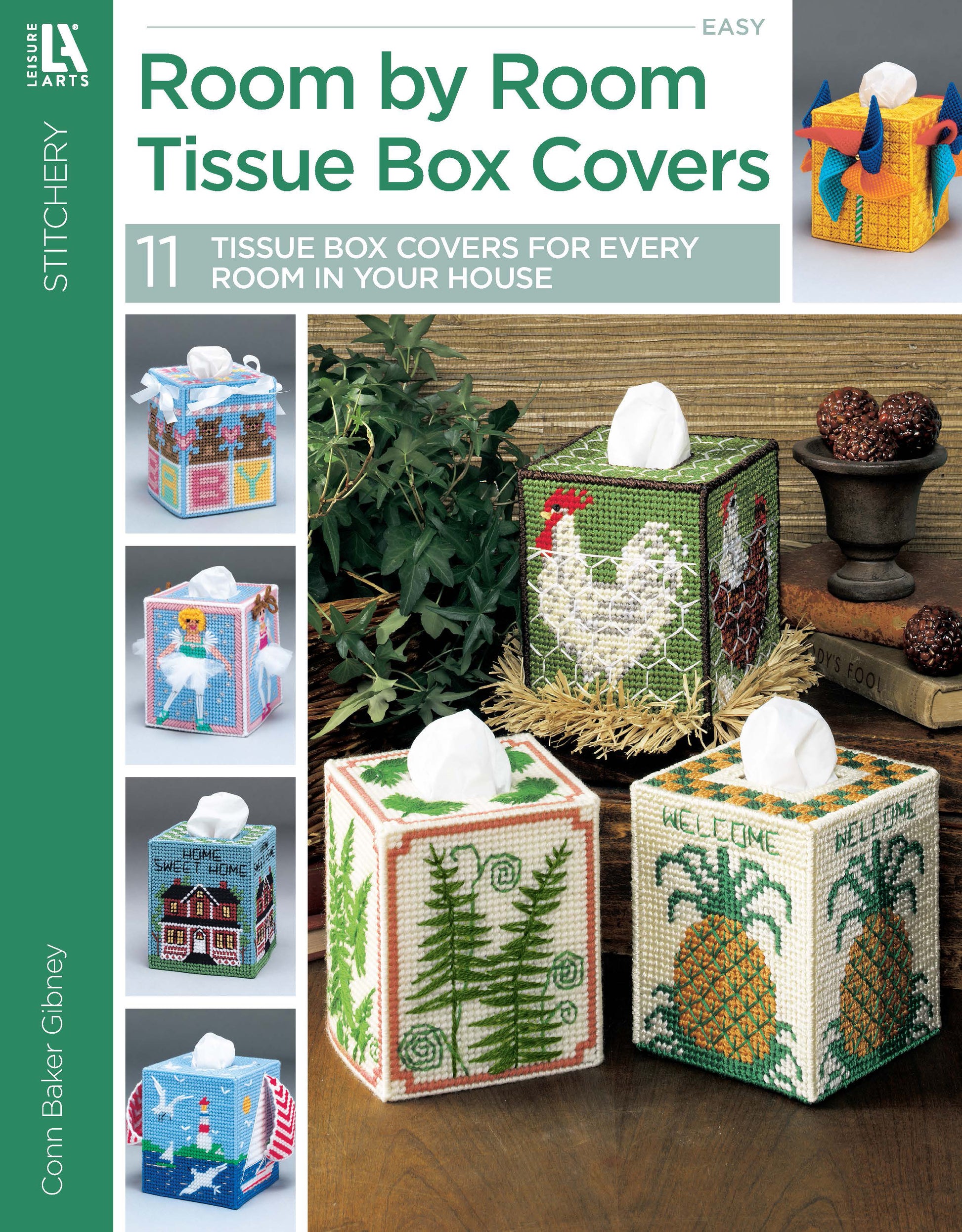 Front cover of Leisure Arts’ Room by Room Plastic Canvas Tissue Box Covers Digital Download, featuring five vibrant tissue box designs—ideal for beginners who love decorative plastic canvas crafts.