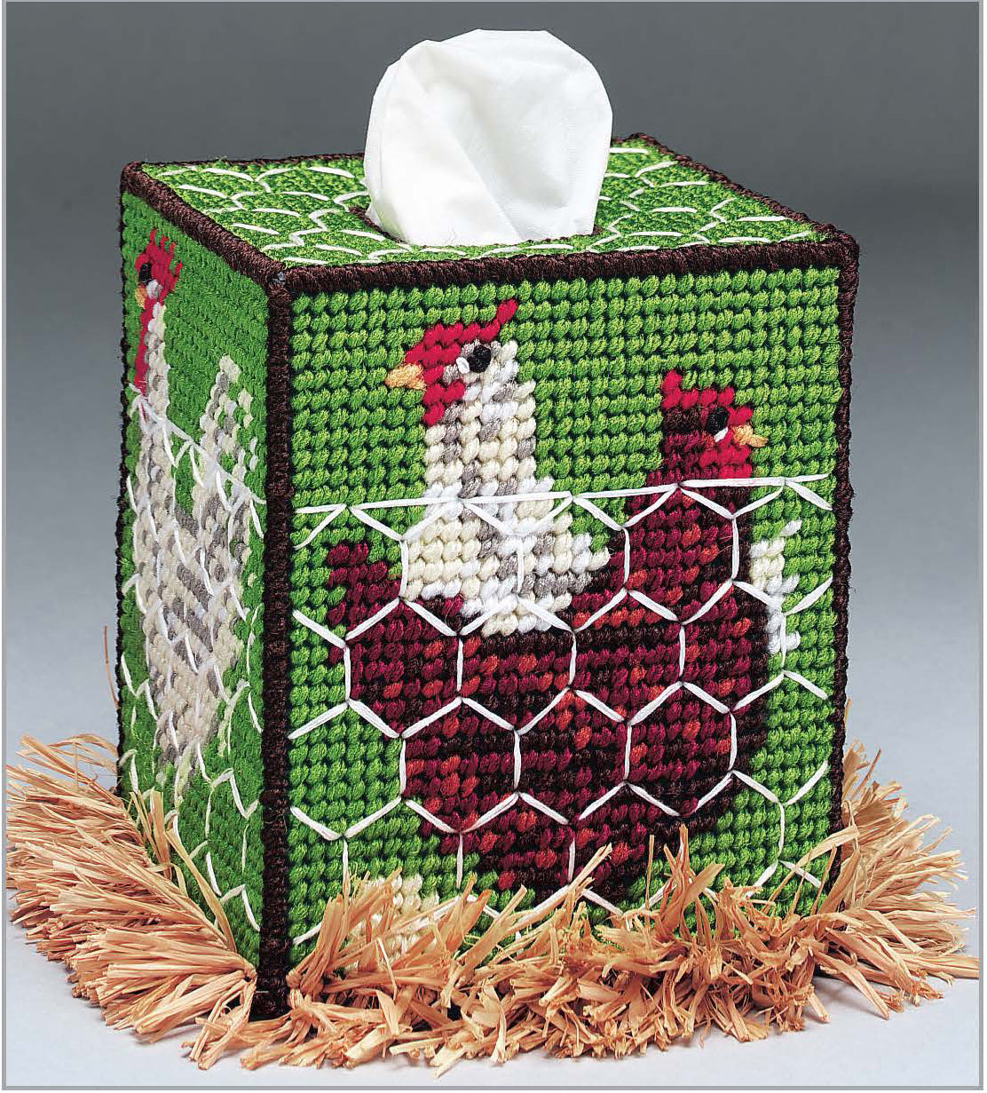The Room by Room Plastic Canvas Tissue Box Covers Digital Download by Leisure Arts offers charming designs like chickens and a white fence—ideal for fans of beginner craft patterns and unique plastic canvas home décor.