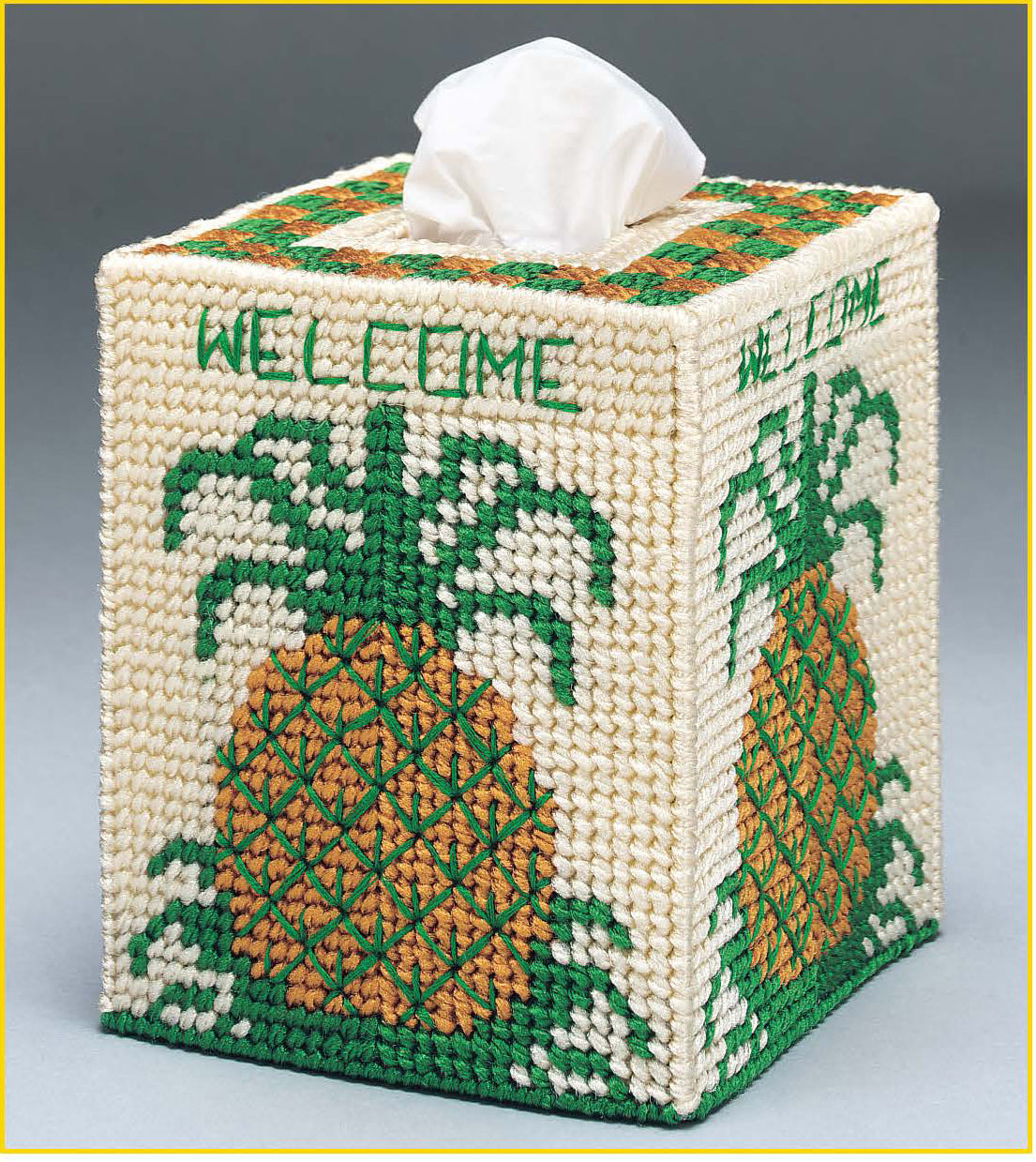 The Room by Room Plastic Canvas Tissue Box Covers Digital Download by Leisure Arts is ideal for beginners, featuring a pineapple design with green leaves and "WELCOME" stitched on top—a fun and easy craft project!.