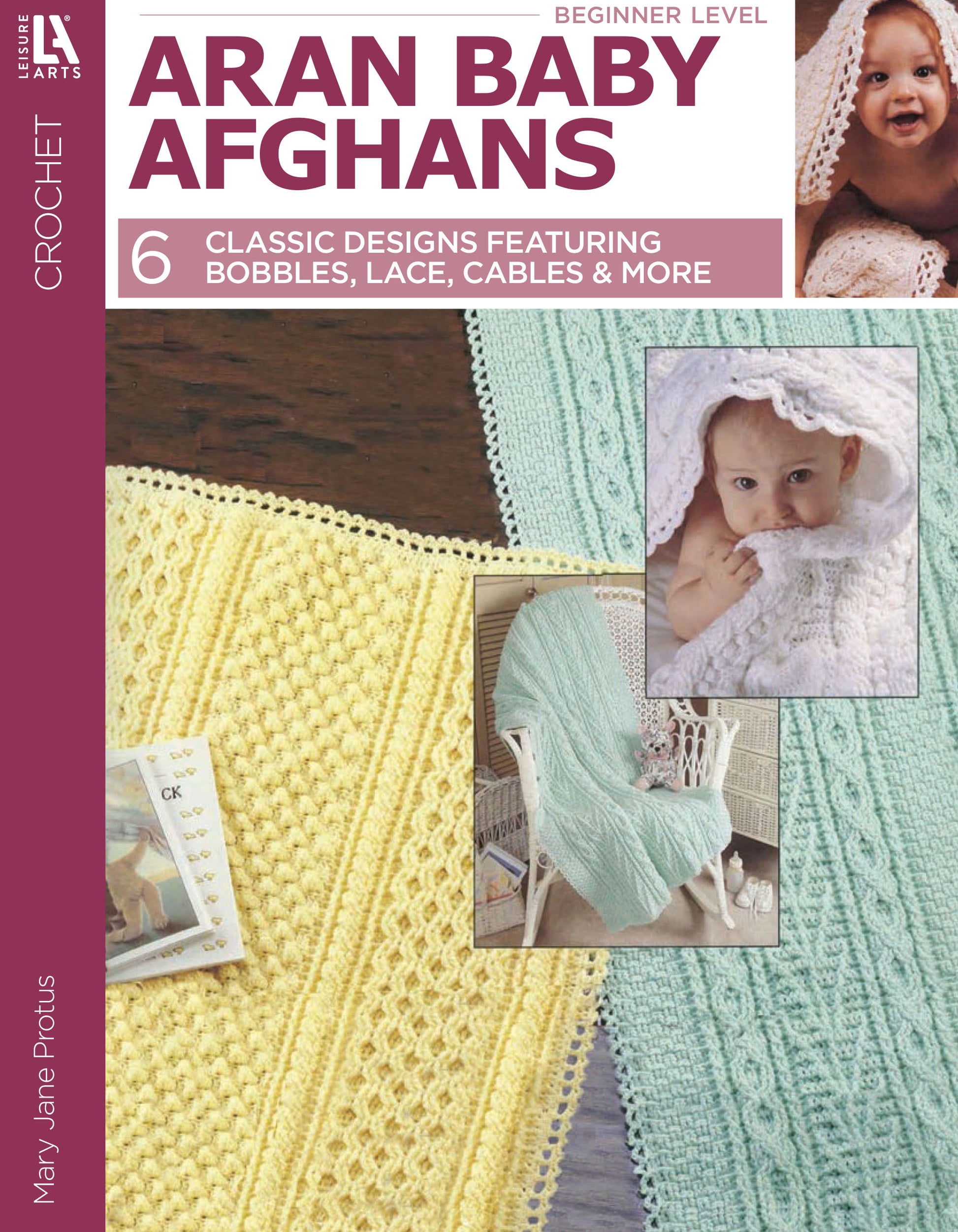 Digital download of "Aran Baby Afghans" by Leisure Arts, featuring beginner crochet patterns for baby afghans in yellow and mint green sport weight yarn, with photos of babies wrapped in the cozy designs.