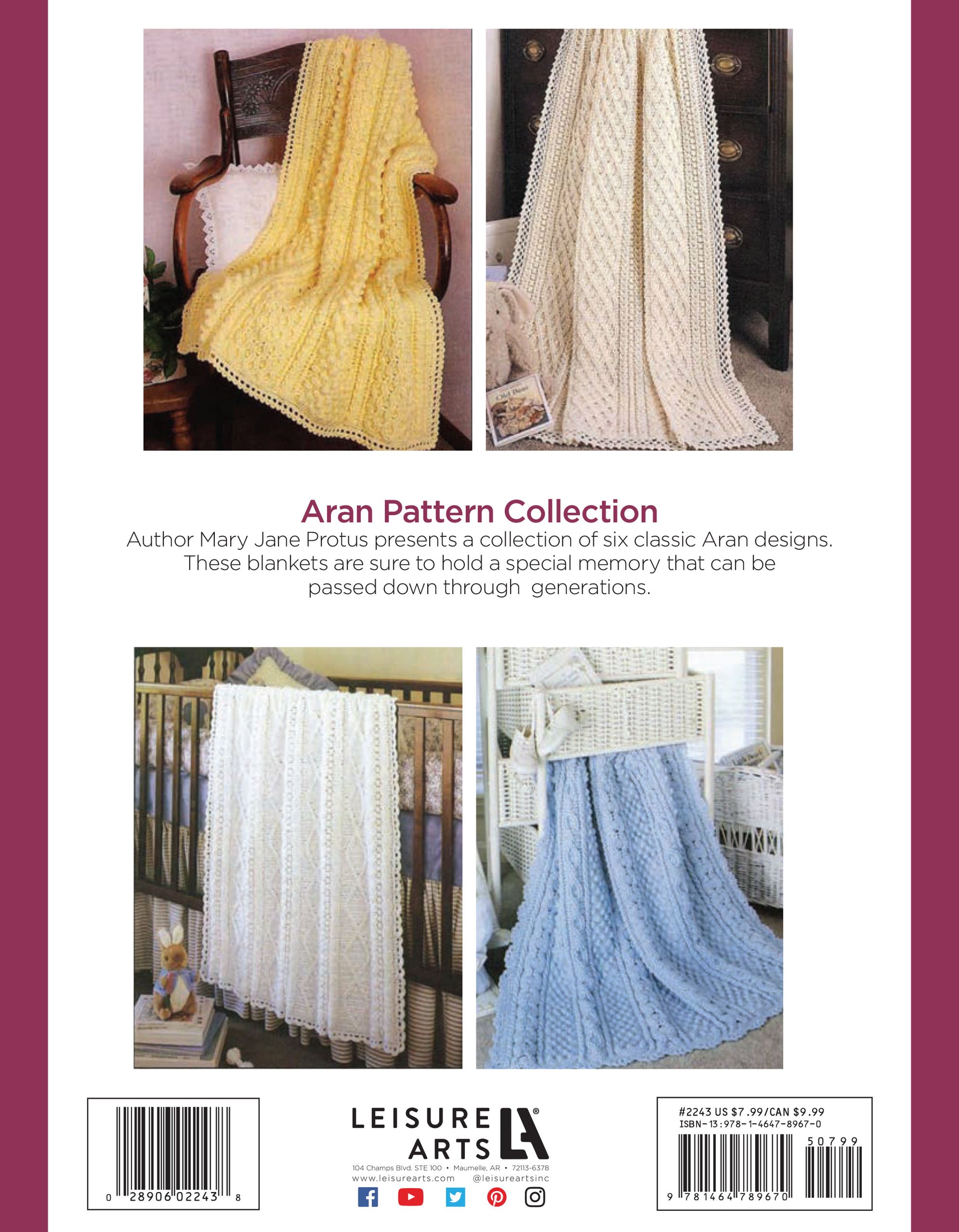 Four images show textured knit blankets in yellow, white, cream, and light blue draped over chairs and a crib. Text above reads “Aran Baby Afghans Digital Download” by Leisure Arts, with a book summary below.
