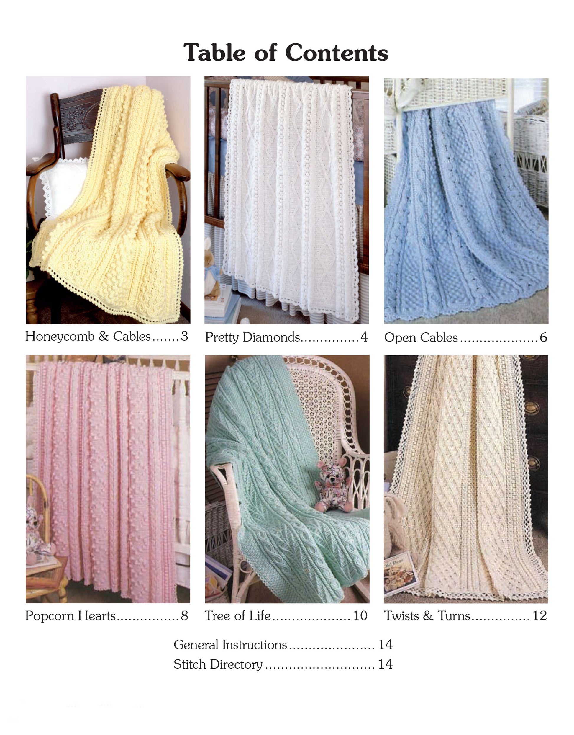 Table of contents page for Aran Baby Afghans Digital Download by Leisure Arts features six pastel knit and crochet baby blankets draped over chairs, each with name and page number; includes beginner patterns and sport weight yarn info.