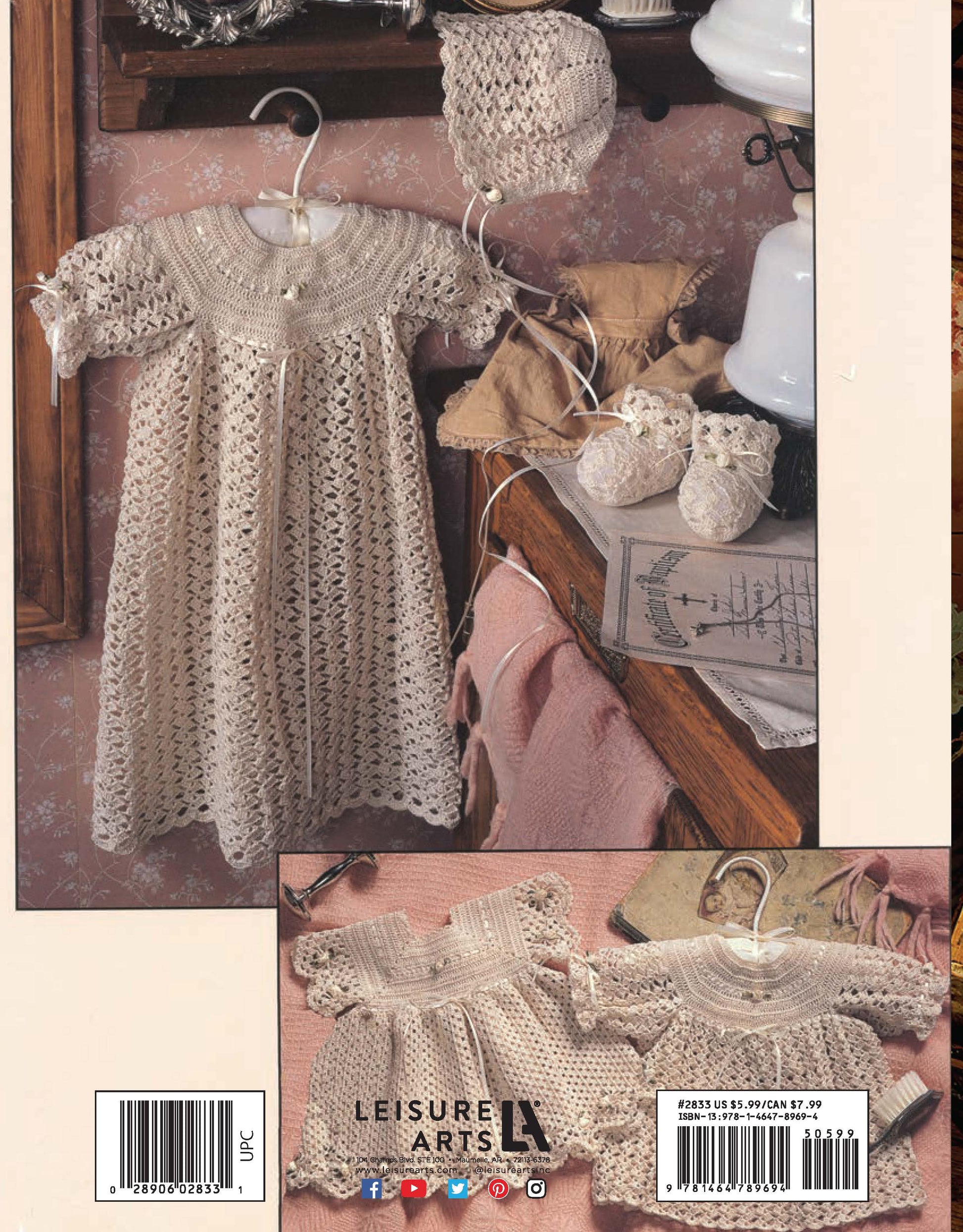 The Christening Collection Book 2 Digital Download by Leisure Arts features vintage-style crochet patterns for baby dresses, bonnets, and booties—displayed among antique decor with another delicate dress showcased on a small hanger below.