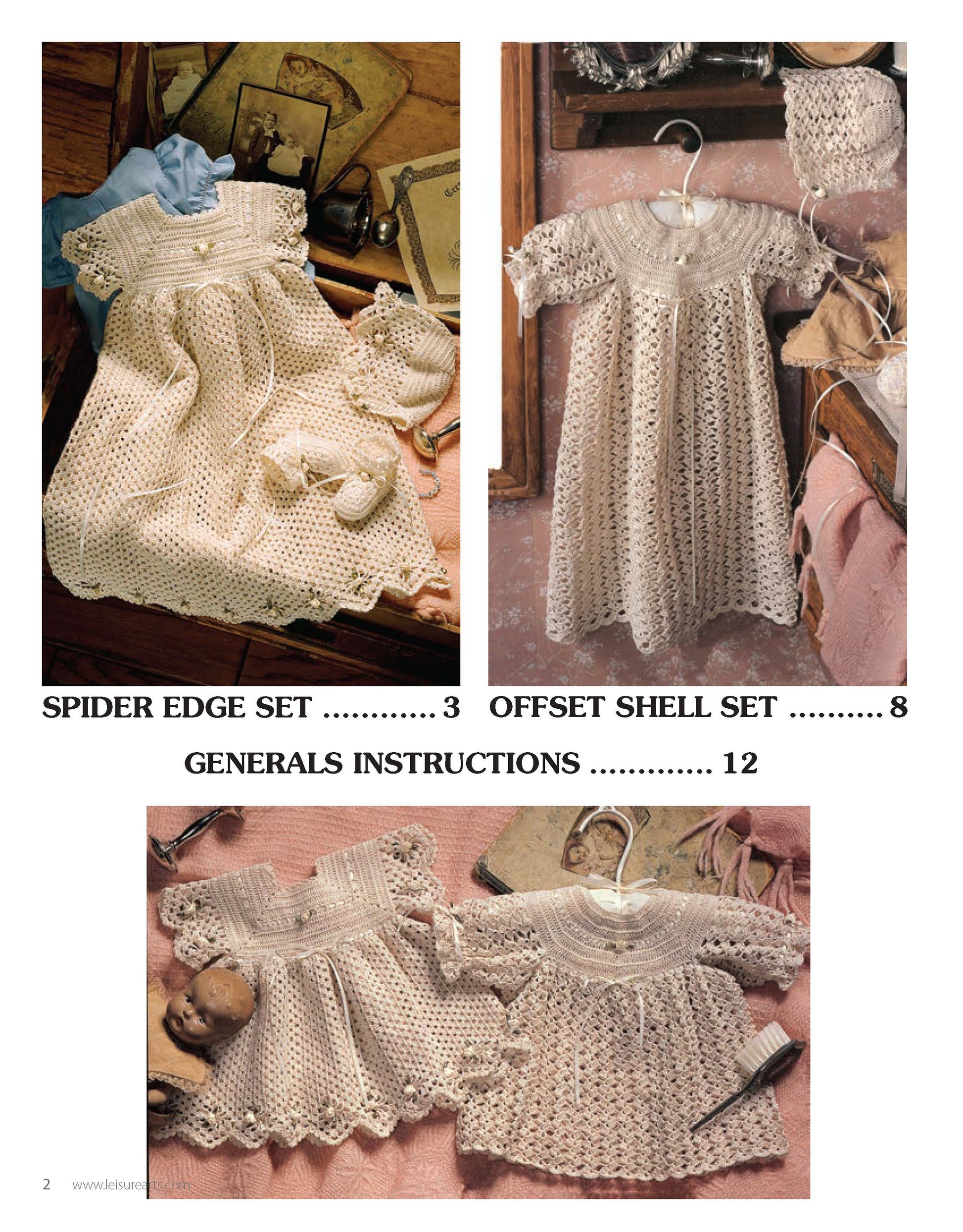 Three images of vintage crocheted baby outfits with antiques. Shown: Spider Edge Set, Offset Shell Set, and general instructions from the Leisure Arts Christening Collection Book 2 Digital Download.