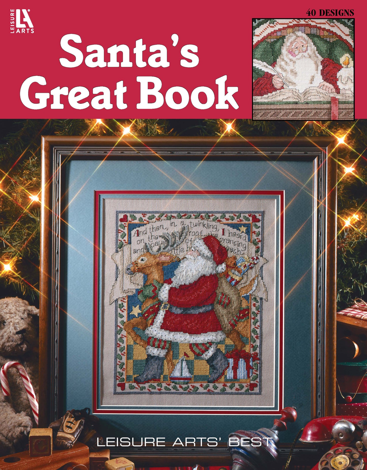 Santa's Great Book of Cross Stitch by Leisure Arts features a festive Santa riding a reindeer with gifts, lights, and a small Santa image. Perfect for Christmas and holiday cross stitch enthusiasts.