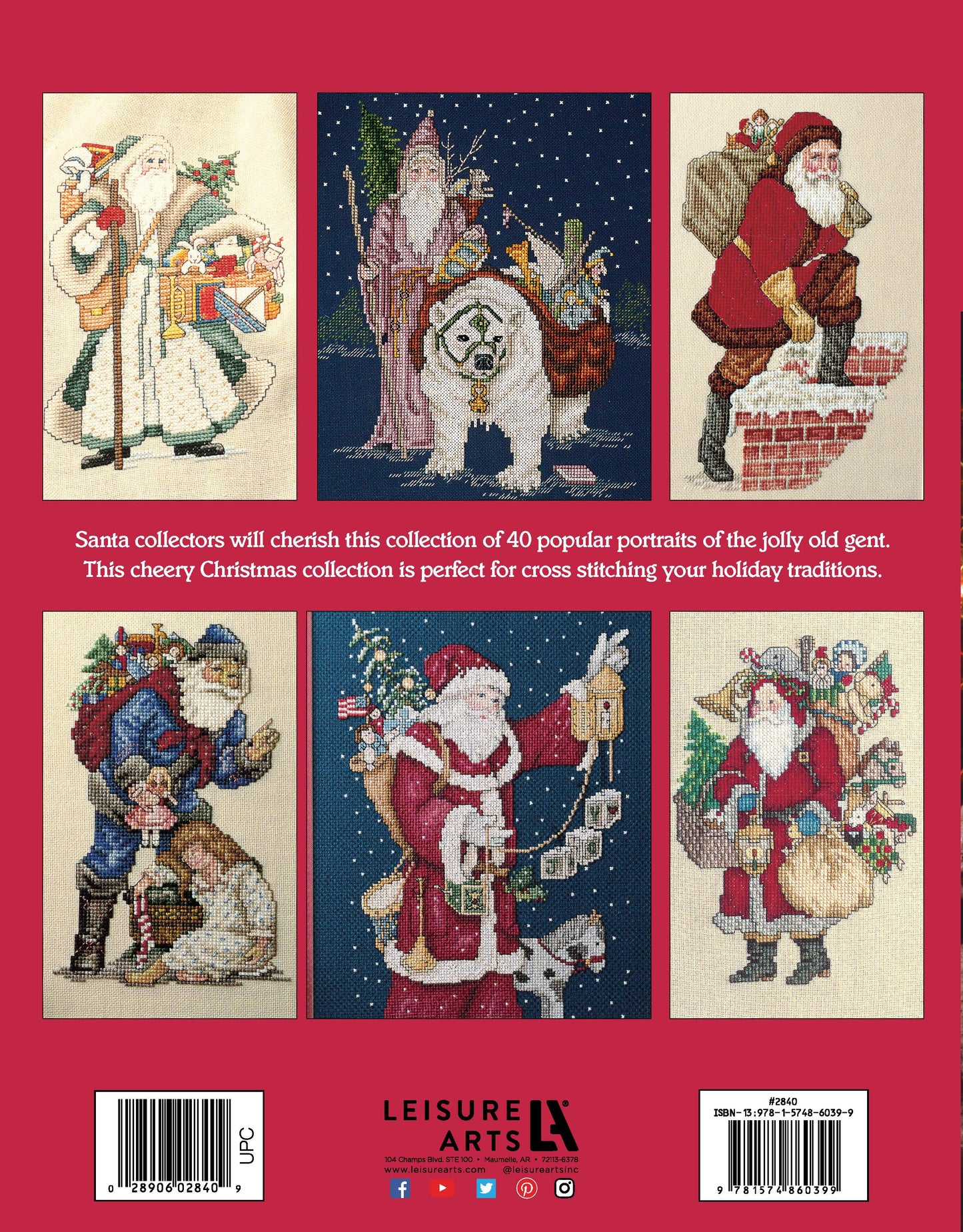 Santa's Great Book of Cross Stitch Digital Download by Leisure Arts offers six festive Santa patterns with gifts, animals, and holiday scenery on a red background—perfect for Christmas and holiday cross stitch projects.