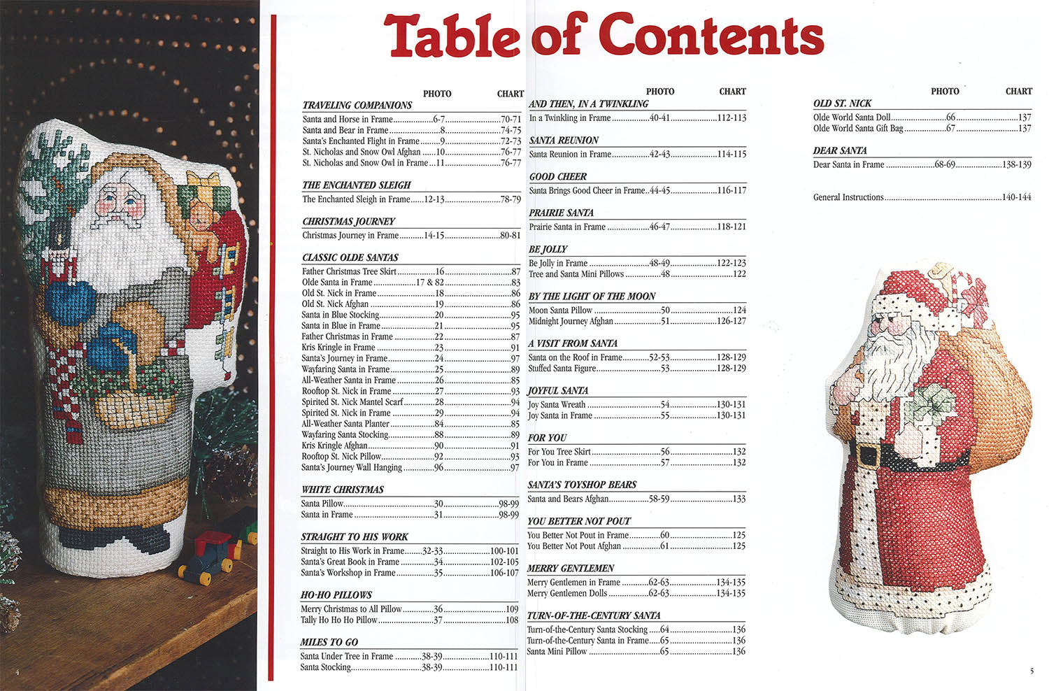 Table of contents page from "Santa's Great Book of Cross Stitch" by Leisure Arts, listing projects with page numbers and two cross-stitched Santa figures, celebrating Christmas cross stitch tradition on each side.
