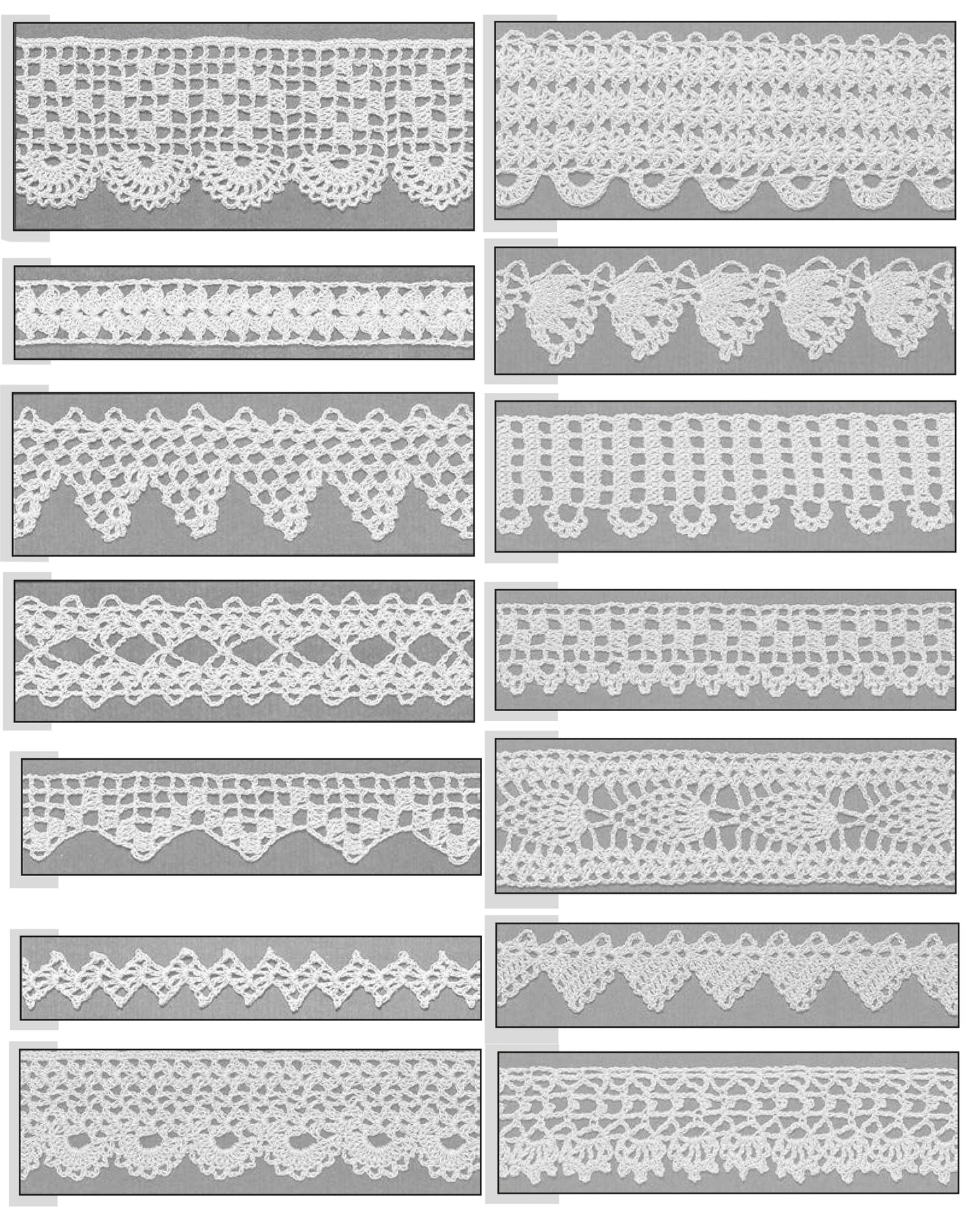 Sixteen unique white lace strips from "111 Easy Edgings" by Leisure Arts, each with distinct crochet patterns and lovely borders, are displayed in a grid on a gray background.