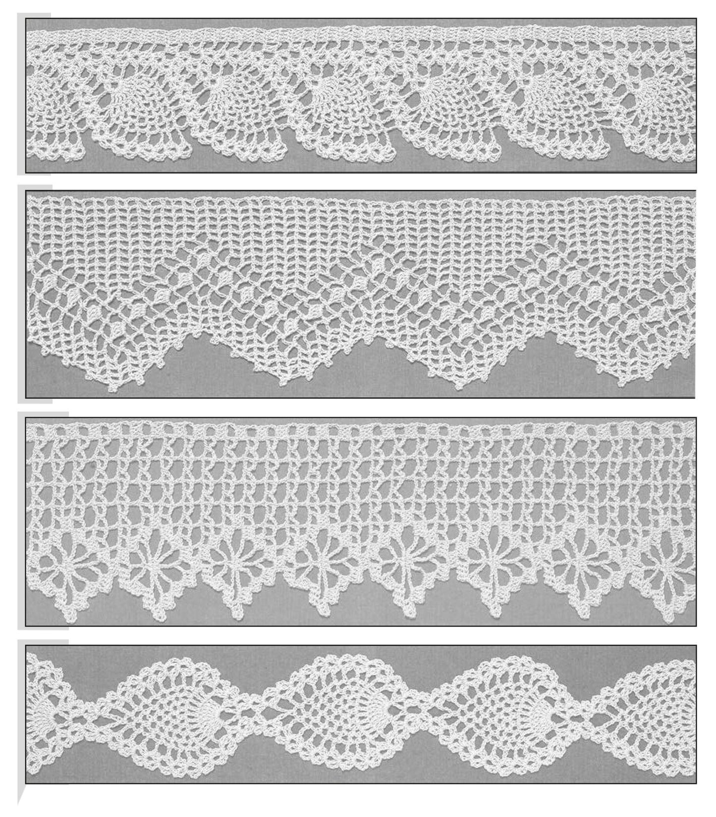 Four horizontal strips of white lace, each with a unique pattern from Leisure Arts’ 111 Easy Edgings, are displayed on gray. The lace features delicate loops, scalloped edges, and floral or wave-like designs.