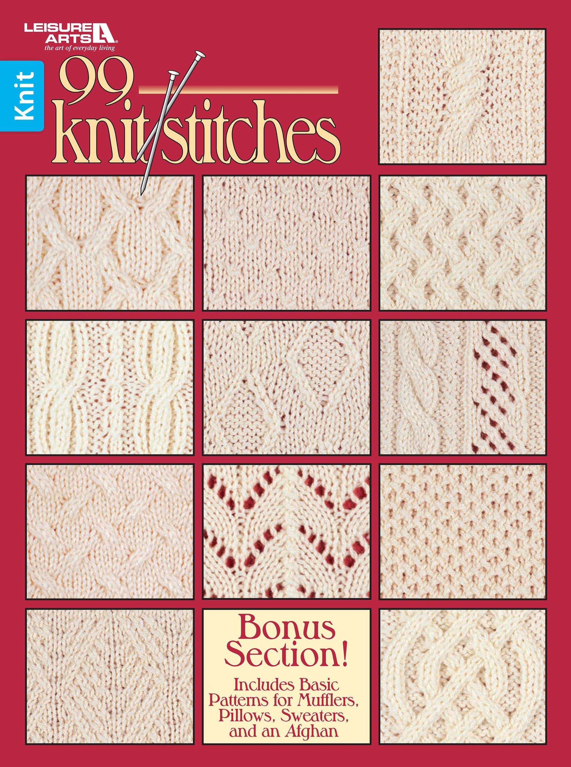 The book cover for 99 Knit Stitches by Leisure Arts displays 12 textured knit stitch squares on a red background, with the title and a bonus patterns section featured. The Leisure Arts logo is in the top left corner.