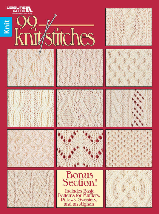 The book cover for 99 Knit Stitches by Leisure Arts displays 12 textured knit stitch squares on a red background, with the title and a bonus patterns section featured. The Leisure Arts logo is in the top left corner.
