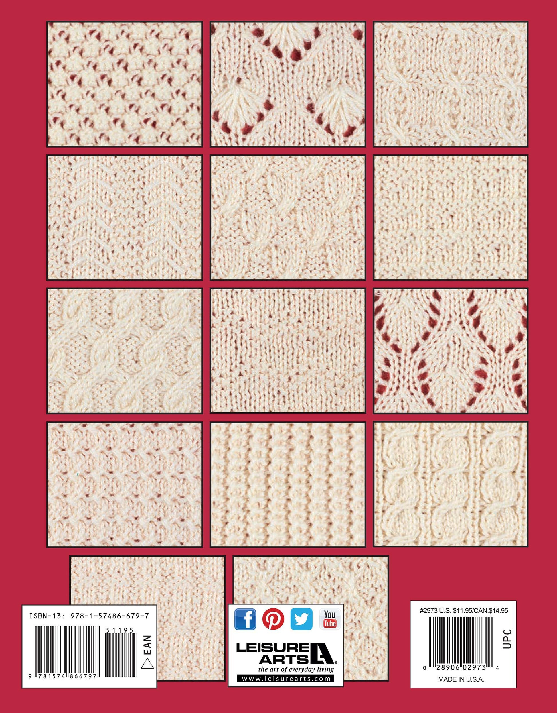 The 99 Knit Stitches Digital Download by Leisure Arts features a variety of unique, textured knitting stitch patterns, showcased as cream-colored square swatches arranged in a grid against a striking red backdrop.