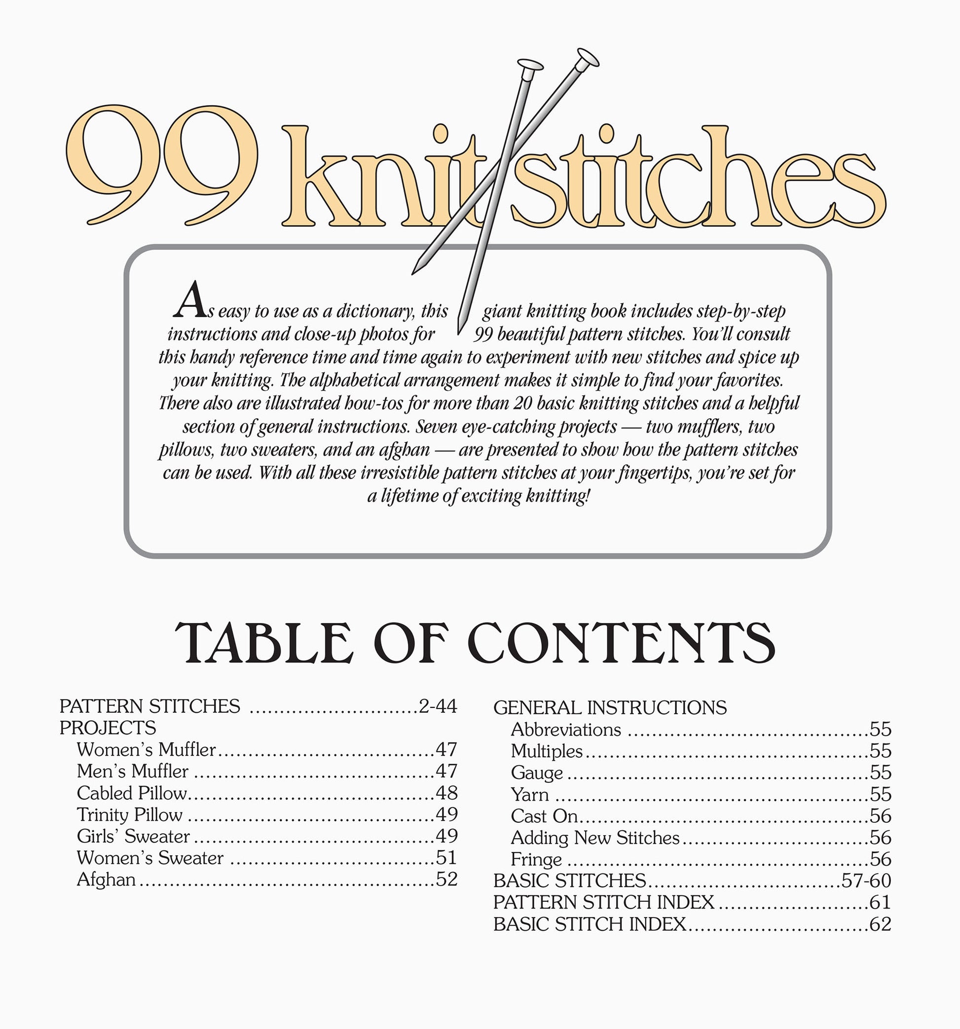 The 99 Knit Stitches Digital Download by Leisure Arts features a cover with illustrated knitting needles, an introduction to the book, and a table of contents listing knitting patterns, projects, and instructions.