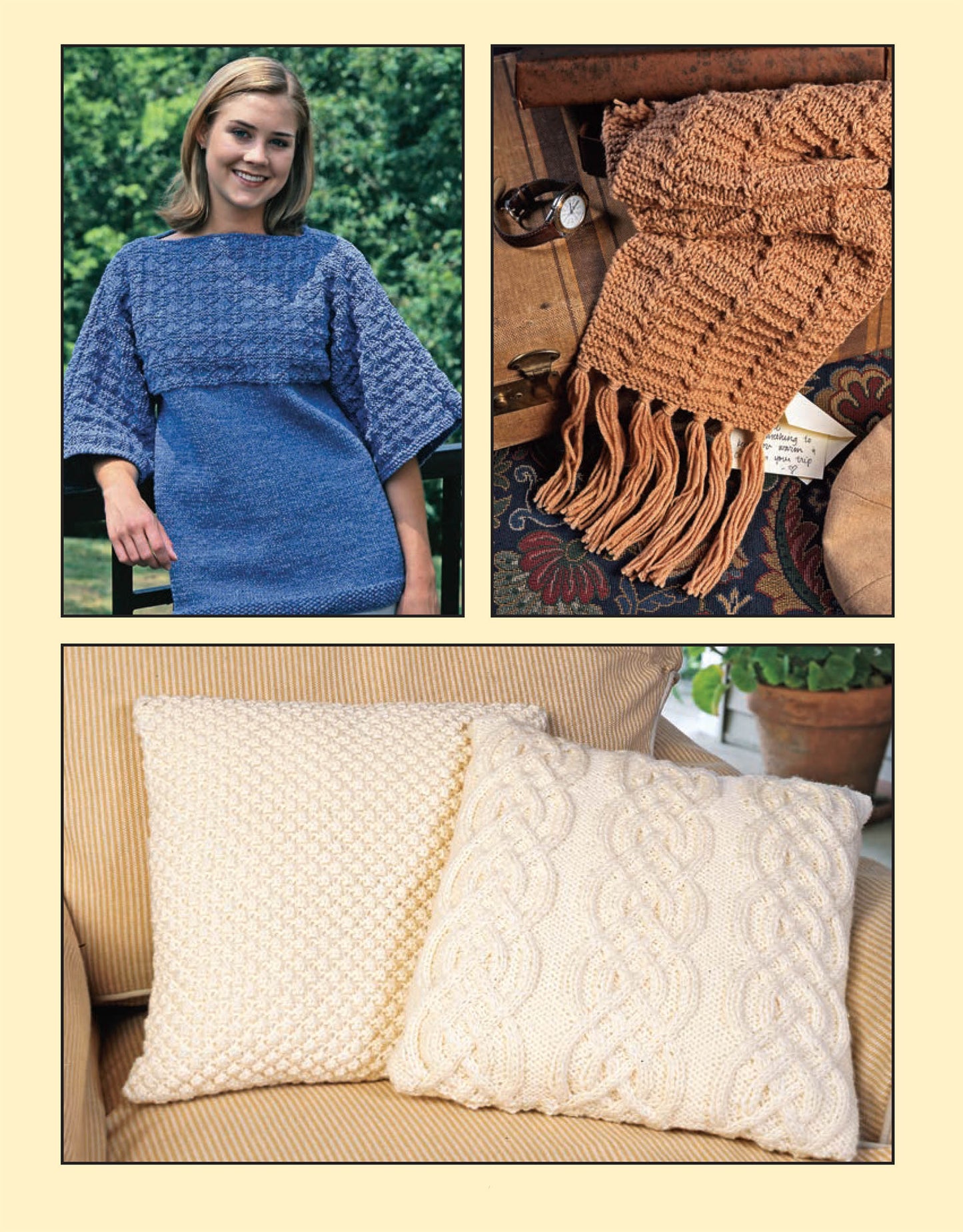 A collage showcases a woman in cozy knits and textured throw pillows, all crafted using Leisure Arts’ 99 Knit Stitches—perfect for stylish sweaters, scarves, and home décor.