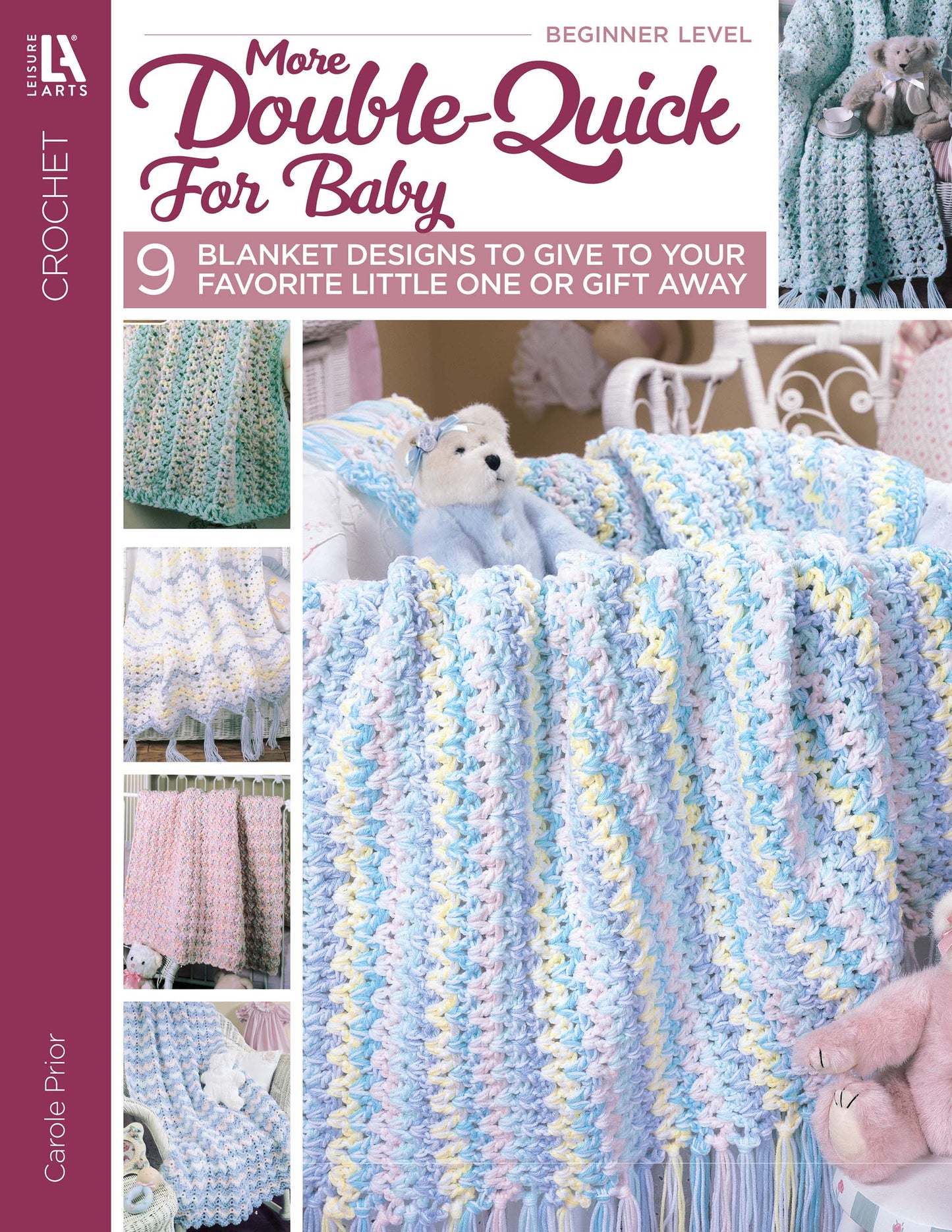 The cover of "More Double-Quick for Baby" by Leisure Arts features pastel crochet blankets on cribs with plush decor. Text: “9 beginner crochet blanket patterns to make or gift.”.