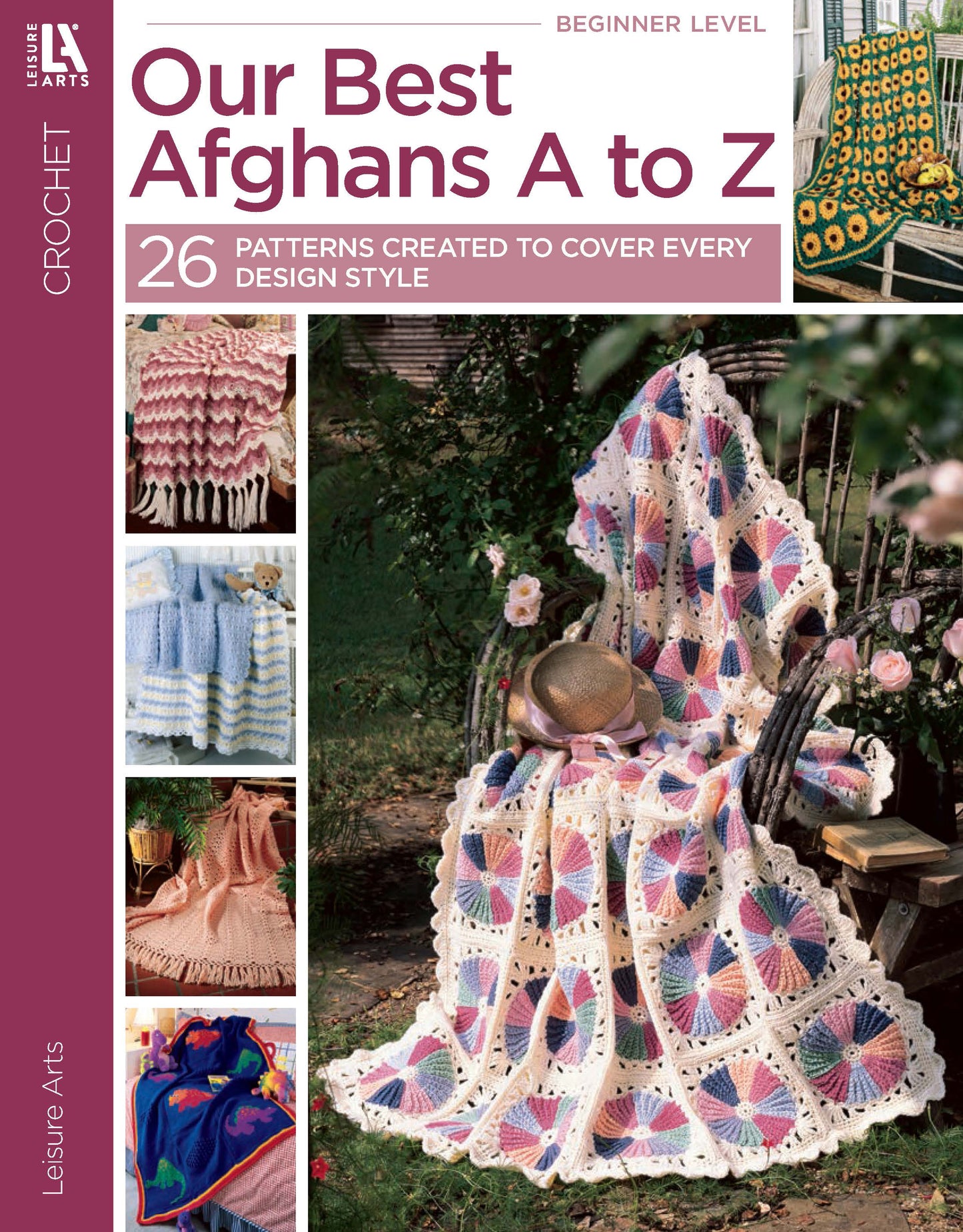Leisure Arts’ Our Best Afghans A to Z features vibrant photos of alphabet afghans over chairs and beds, with a standout pink and cream design—ideal for crochet beginners.