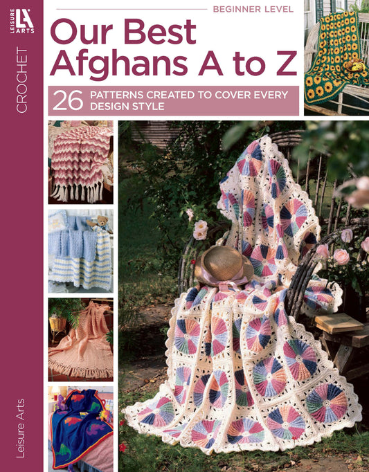 Leisure Arts’ Our Best Afghans A to Z features vibrant photos of alphabet afghans over chairs and beds, with a standout pink and cream design—ideal for crochet beginners.