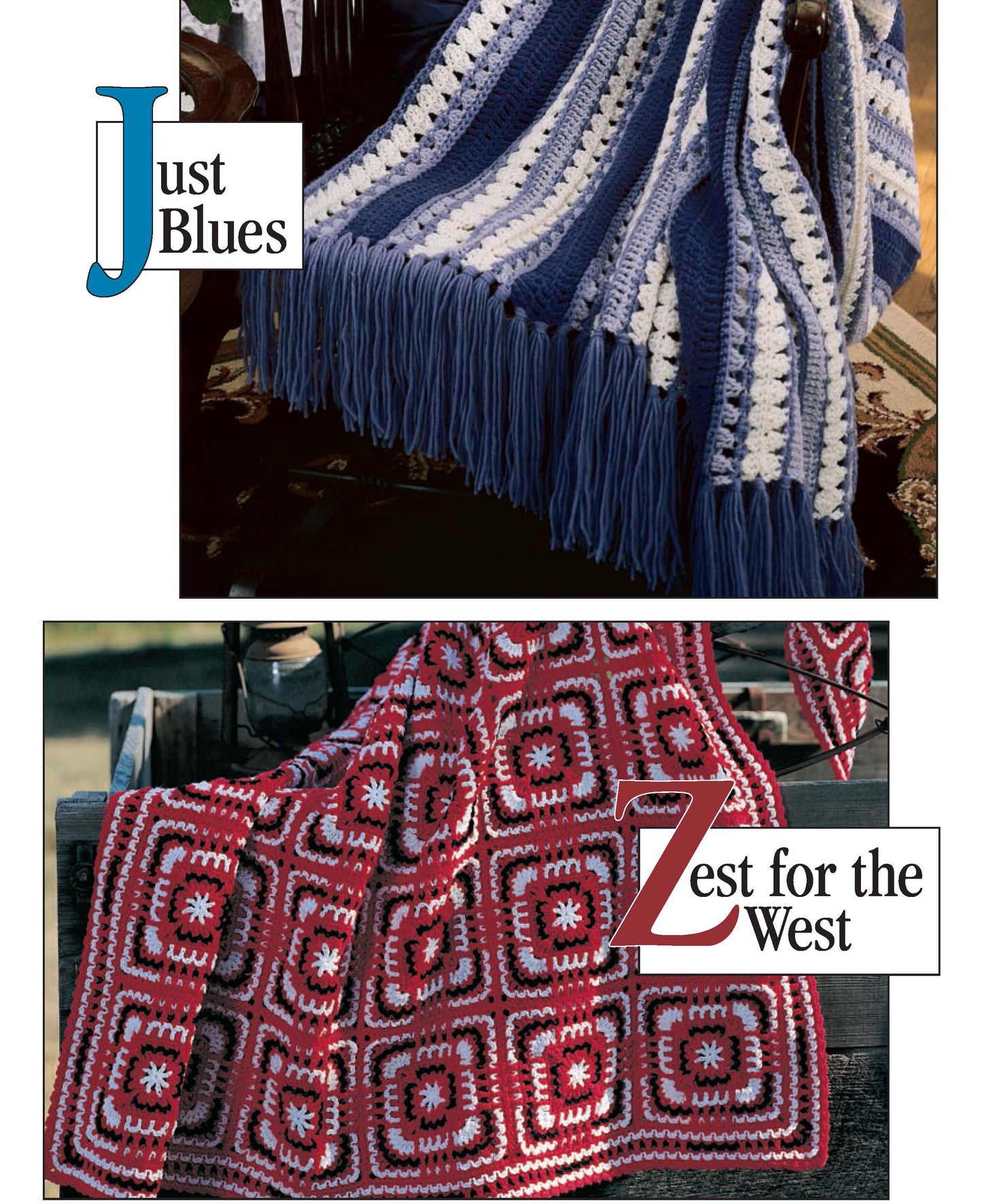 Two crocheted blankets from Leisure Arts’ “Our Best Afghans A to Z”: a blue and white striped, fringed design for beginners, and a red blanket with white and black squares—unique patterns to inspire your next project.