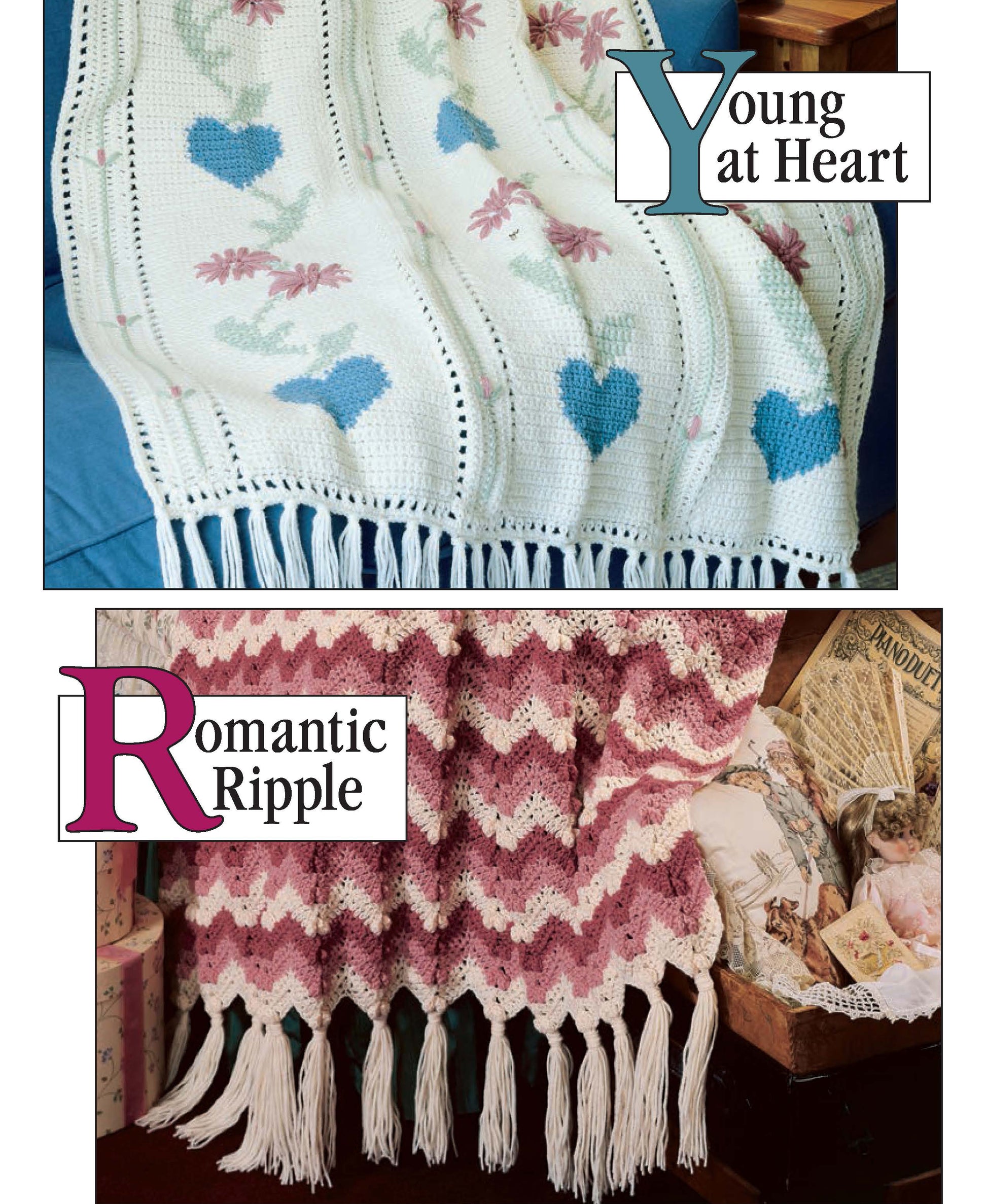 From Leisure Arts’ “Our Best Afghans A to Z”: A white afghan with blue hearts and pink flowers, plus a mauve and white chevron afghan—both with fringe—are perfect beginner crochet projects.